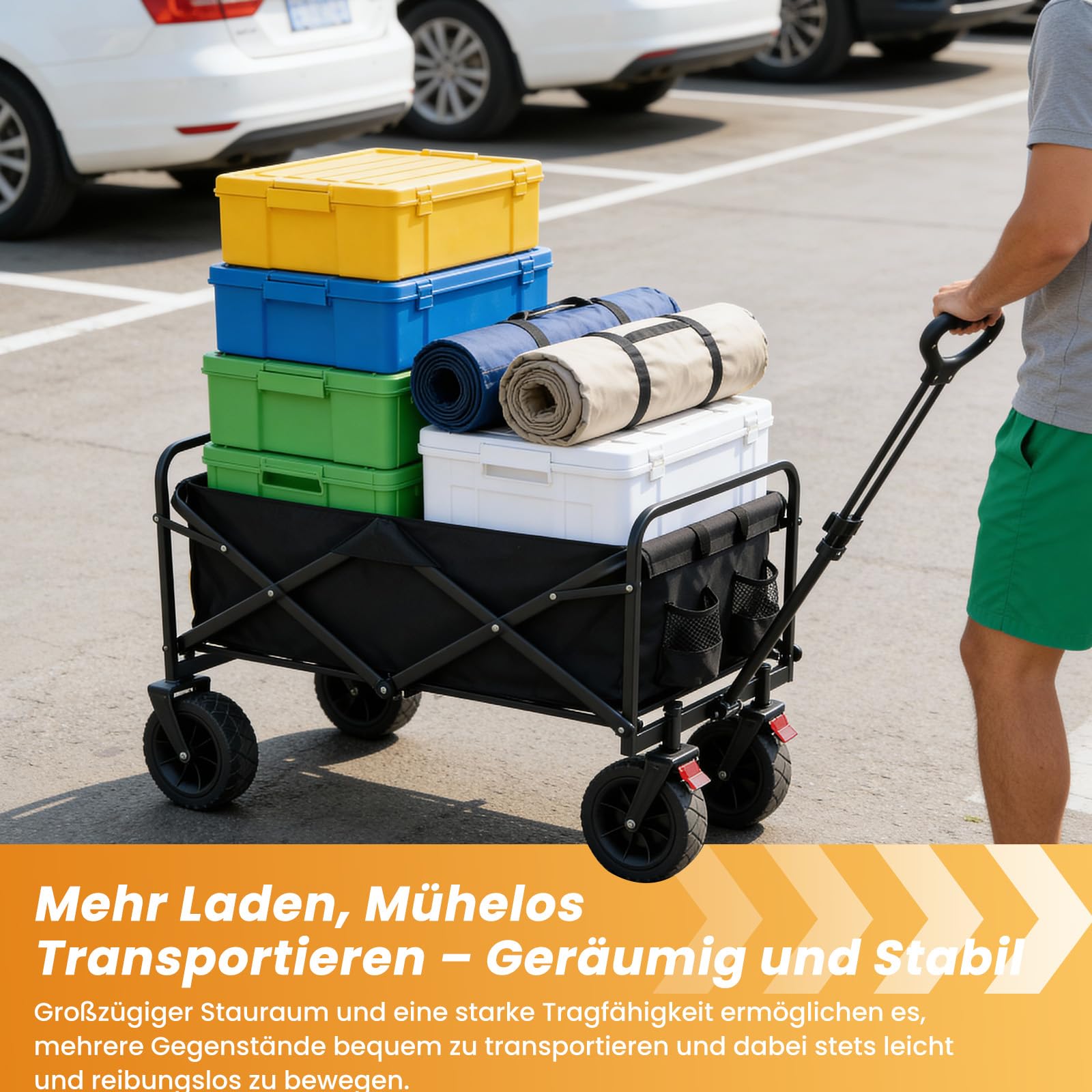 Palawano Bollerwagen Faltbar 150L – Transportwagen mit Rollen, Schwerlast Campingwagen für Festival, Strand, Garten & Einkauf