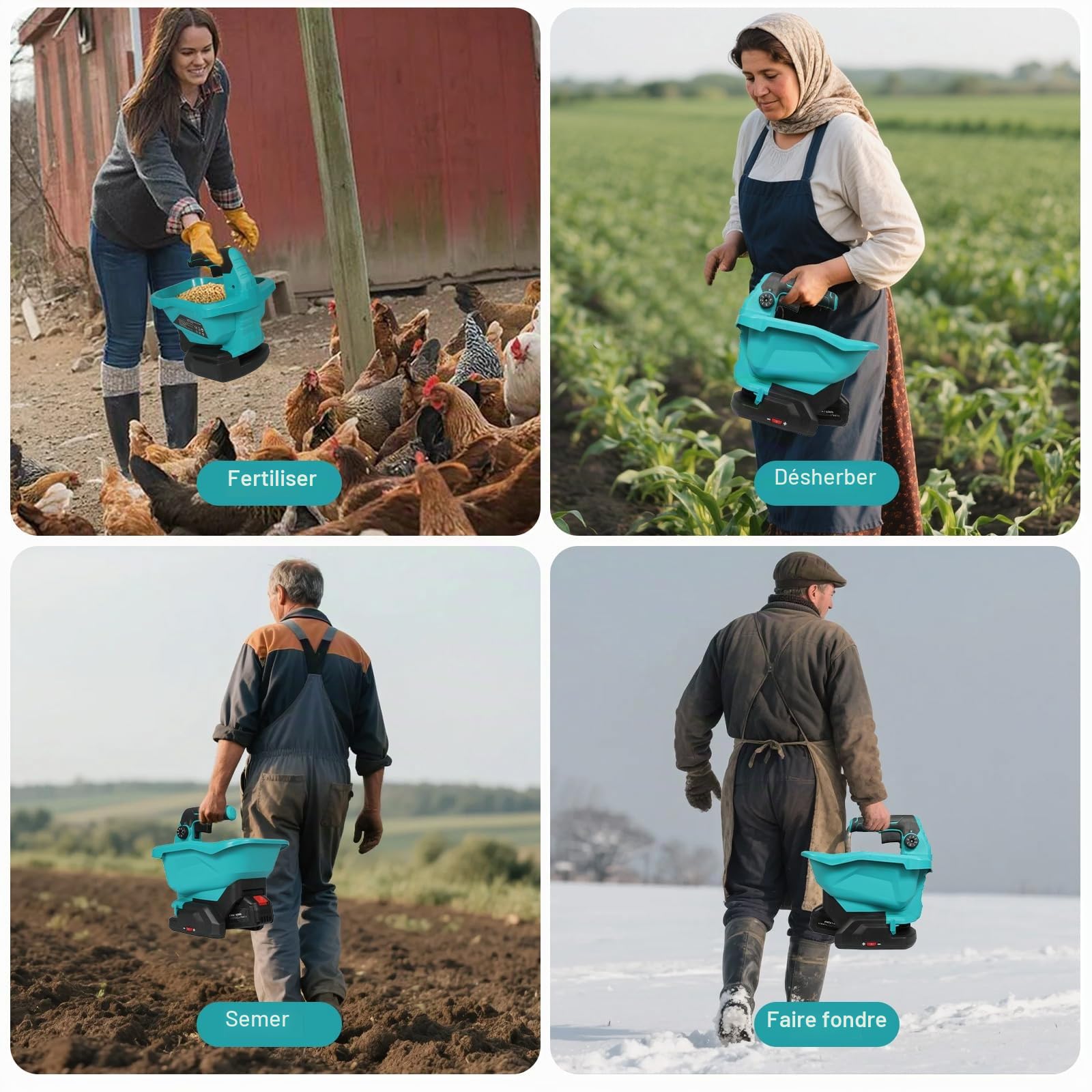 JOPWUE Épandeur Portable sans Fil,pour Batterie Ma-Kita~ 18 V,avec Réglage de Vitesse Rotation à 6 Niveaux,Régulateur 8 Positions, 3.3L,pour Fertiliser, Semer, Saupoudrer de Sel,sans Batterie (Bleu)