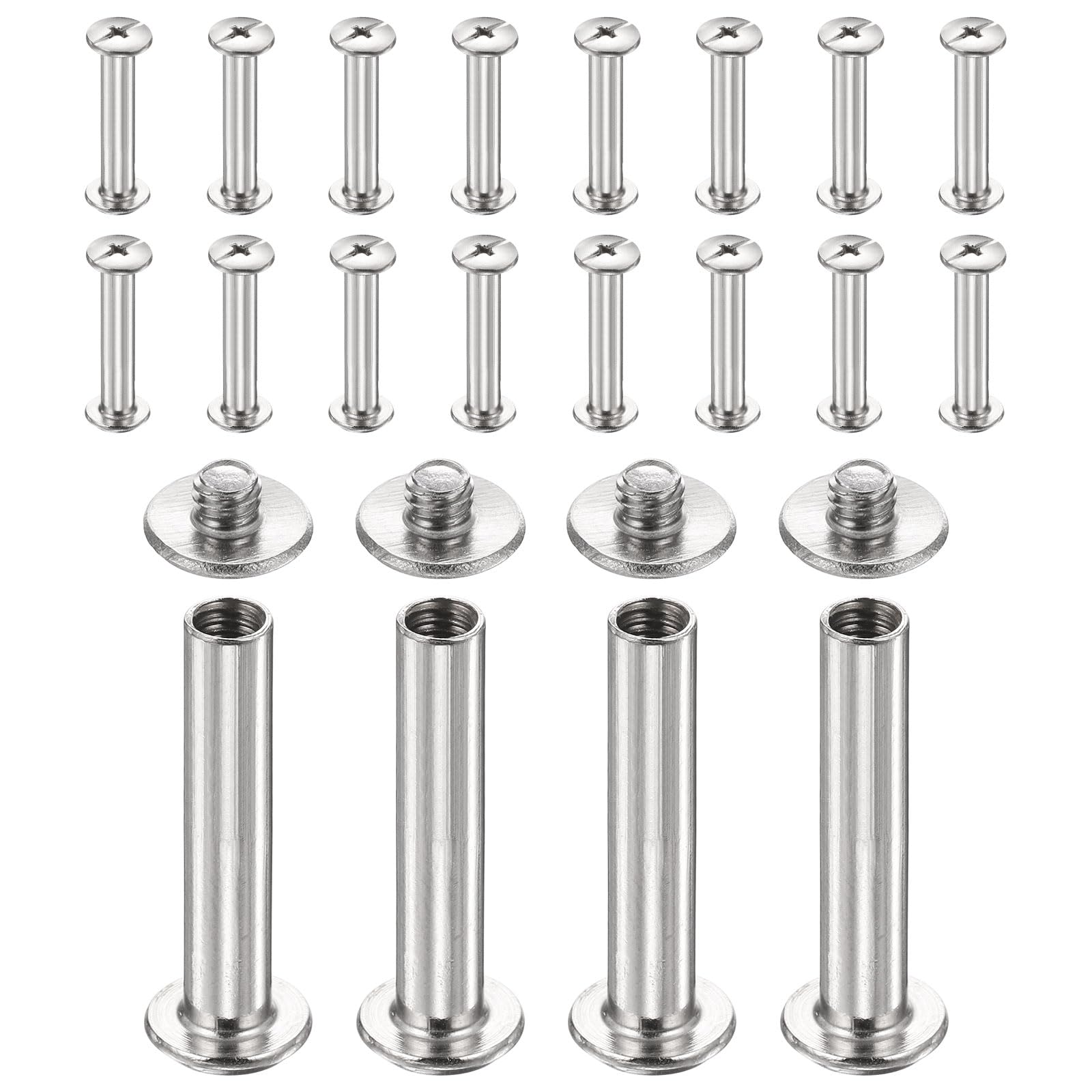 sourcing map 20set Chicago Screw M4x24mm 6mm Length Metal Phillips Nail Rivet Stud Bolts Rivets Binding Post Screw for DIY Leather Belt Bag Craft Bookbinding, Silver
