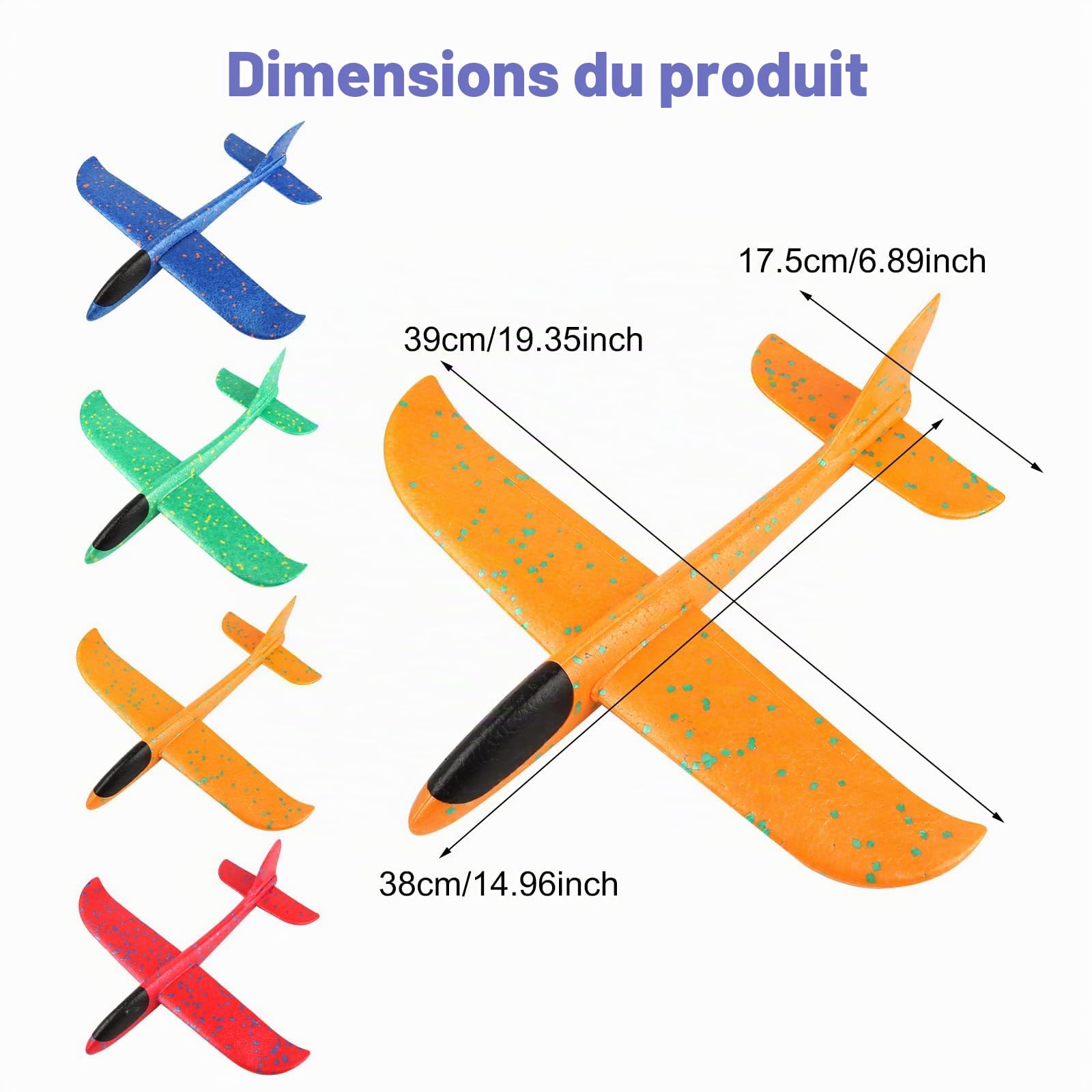 TOSAVGA 4 Pièces Avion Polystyrène Planeur Enfants 38cm, Avion Jouet Enfant, Volant Maquette Avio Jouets Plane Main Lancer pour Enfants et Adultes