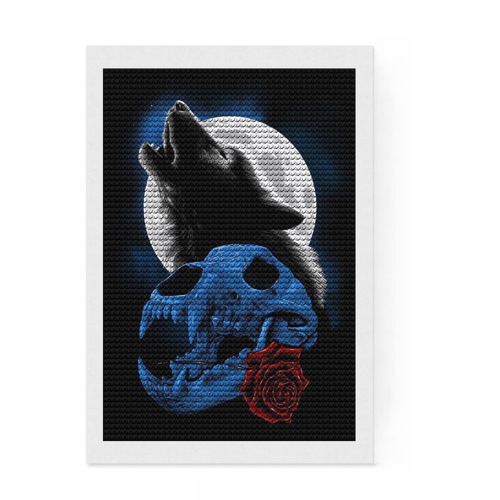 Junmoney Wolf Howling Moon Diamond Painting Canvas Set 8"x12", Enjoyable At-Home Hobby, Adhesive Canvas, Cosy Home Accent, Christmas Gift