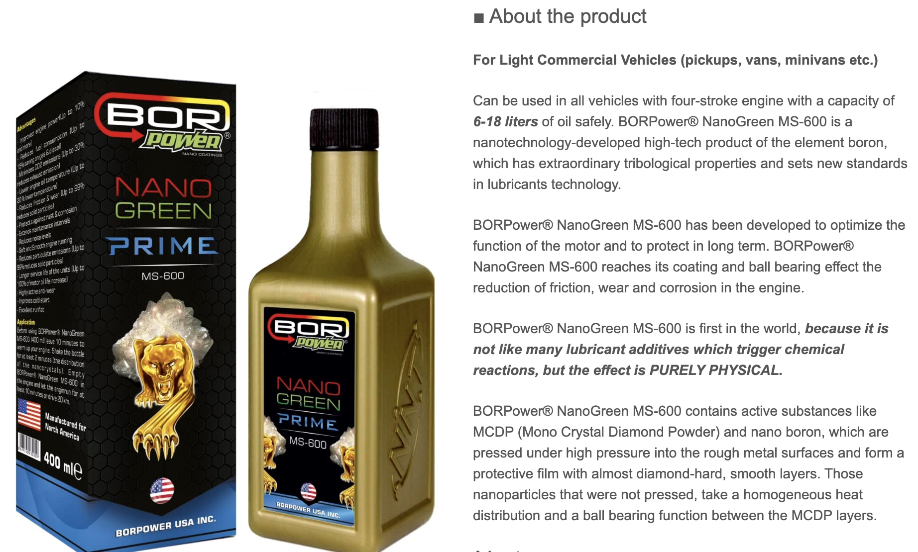 BORPower NanoGreen MS-600 Nano Boron Motor Interior Coating