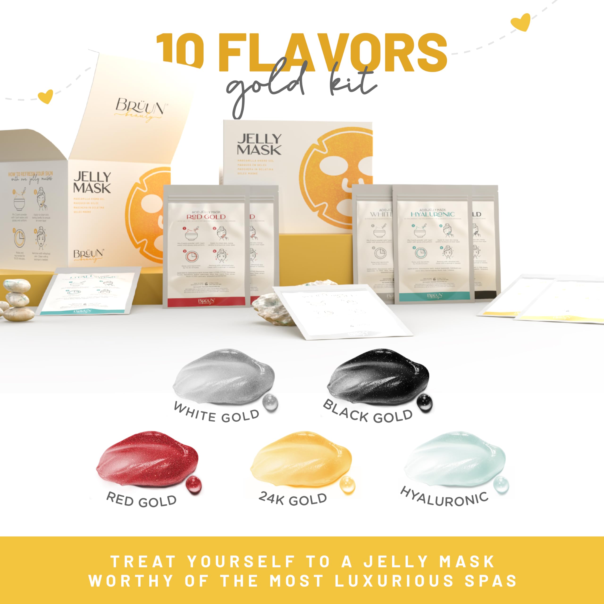 Brüun Peel-Off Jelly Mask Rubber Mask - 5 Treatments (Black Gold Salicylic AC, Red Gold Lactic AC, White Gold Glycolic AC, 24k Gold Mandelic AC, Hyaluronic AC) - 2 Packs of Each