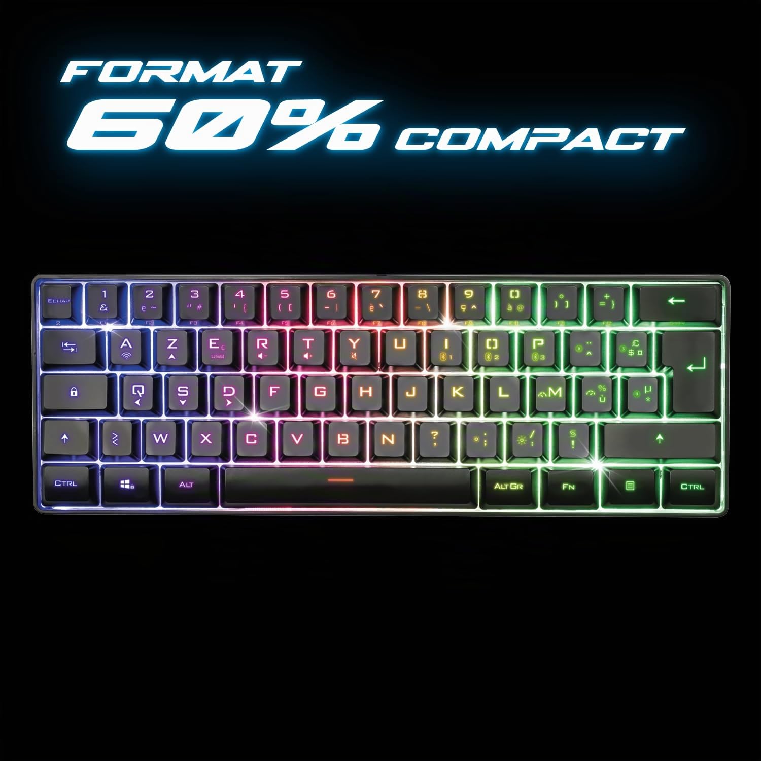 Spirit Of Gamer, Pack Clavier Souris + Casque sans Fil RGB, Clavier TKL 60% Touches Silencieuses Azerty, Souris 8 Boutons Programmables 4800 DPI avec Repose Pouce, Casque Gaming avec Micro Détachable