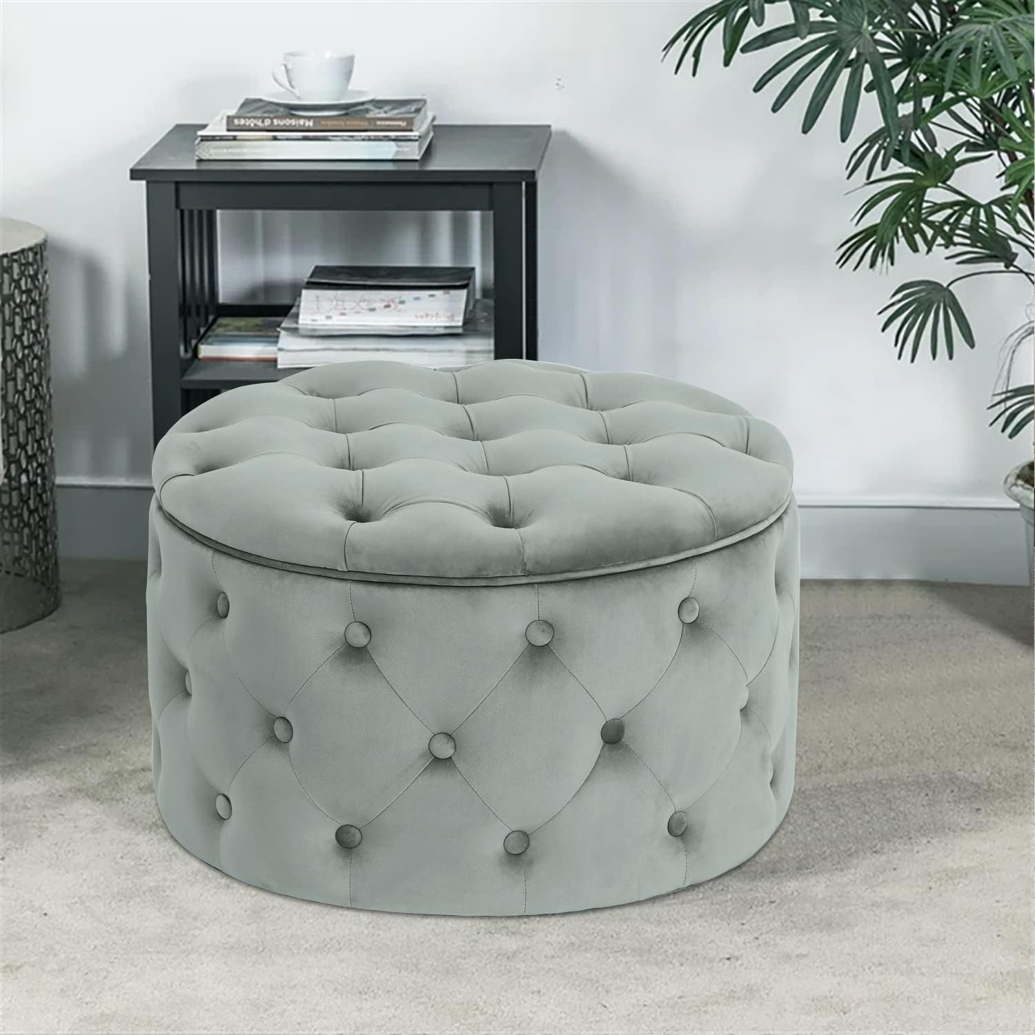 Adeco Modern 24.8 Inch Round Storage Ottoman, Button Tufted Upholstered Ottoman with Removable Top, Storage Bench Footrest Stool for Living Room Bedroom Entryway