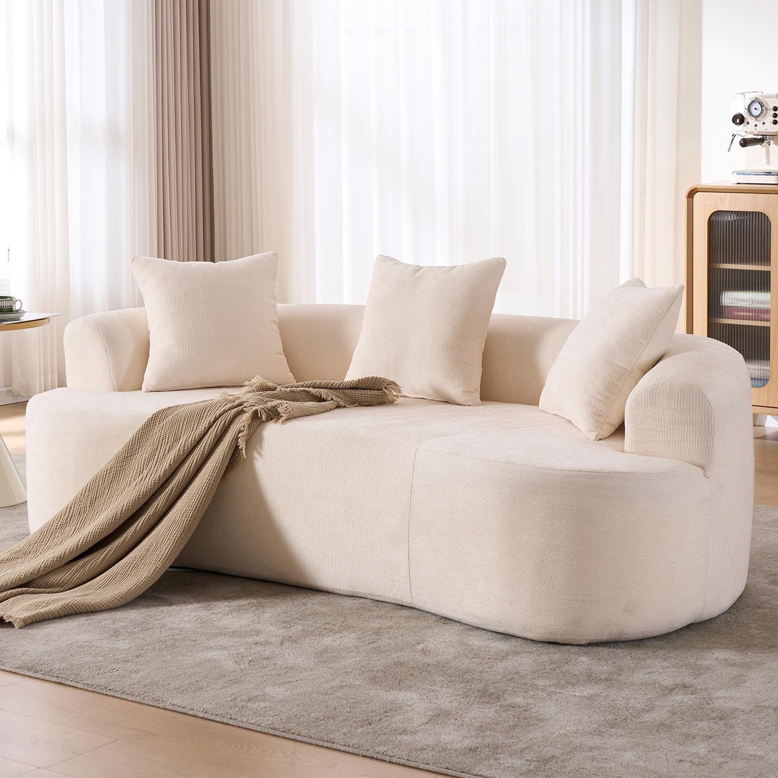 80" Curved Loveseat for Small Spaces, White Curved Couches for Living room, Compression Sofa in a Box with 3 Pillows, Small Couch for Bedroom with