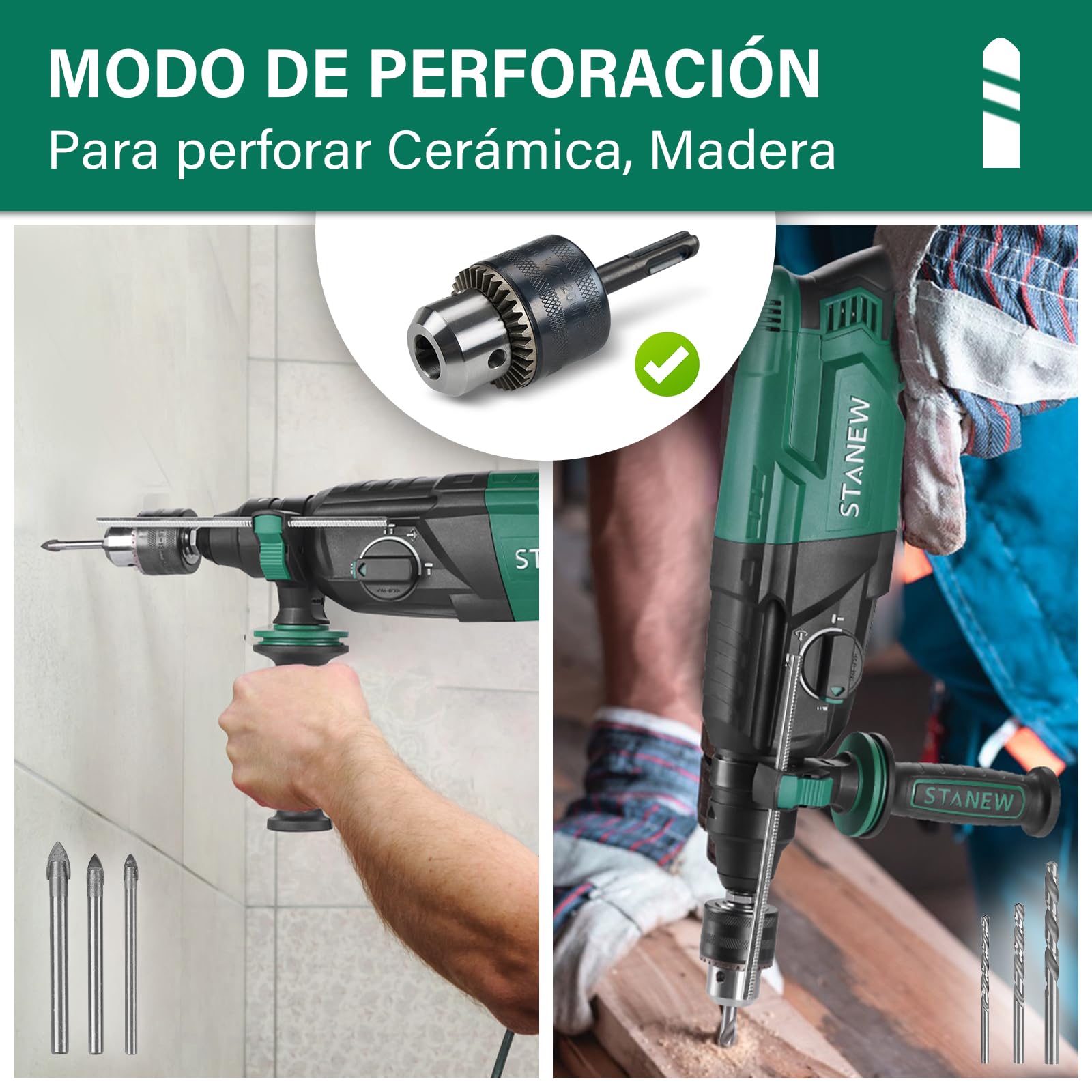 STANEW Taladro Percutor con Cable SDS Plus 950W y 16 Accesorios, Martillo perforador con 0-1150RPM/5100BPM con 4 Funciones y Embrague de Seguridad, Velocidad Variable, Hormigón, Acero, Madera