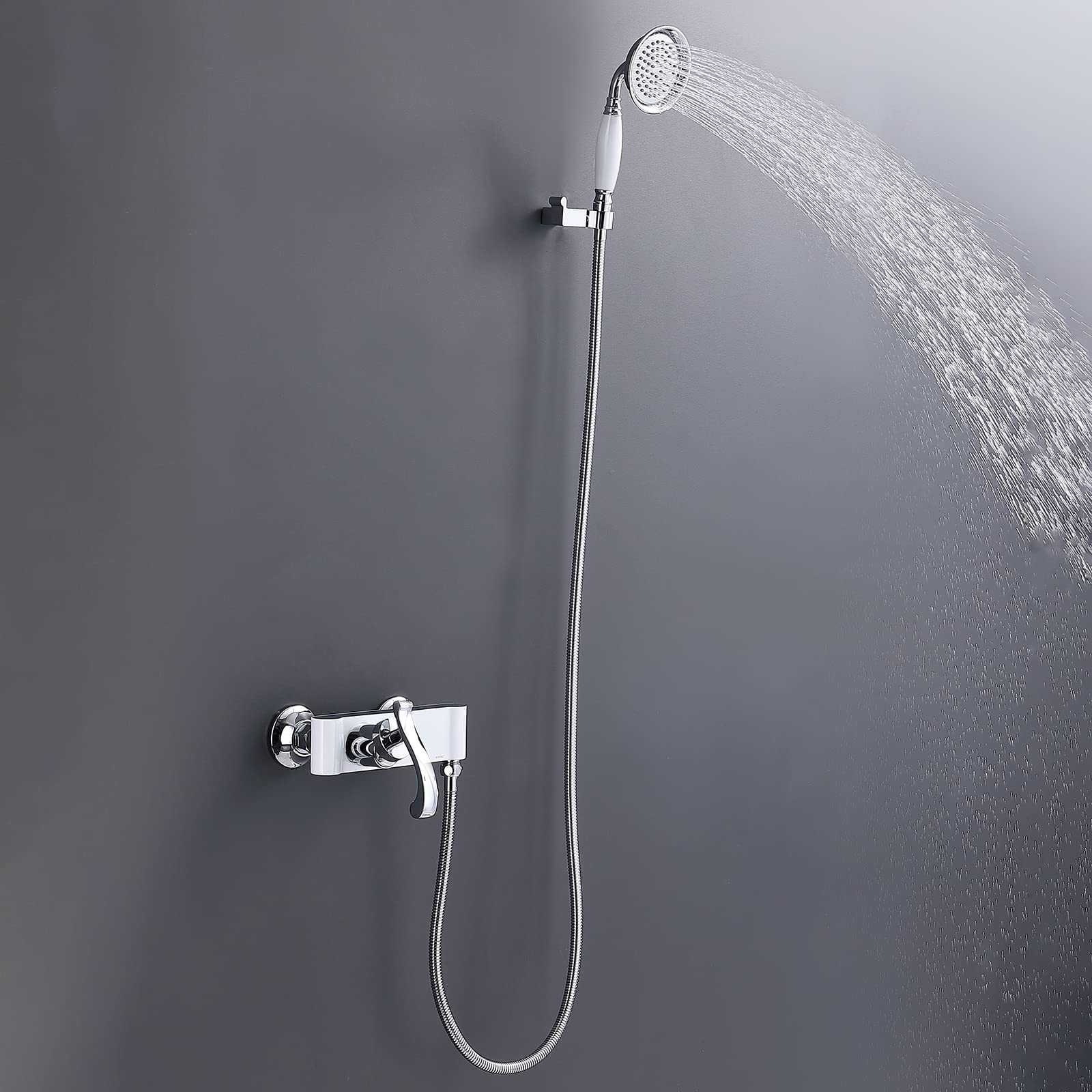 Soffione Doccia Anticalcare Doccia a Mano a Parete Ottone Manopola Doccia Manico Singolo Acqua Calda e Fredda Soffione a Mano con Tubo Doccia e Supporto Doccia,White Chrome