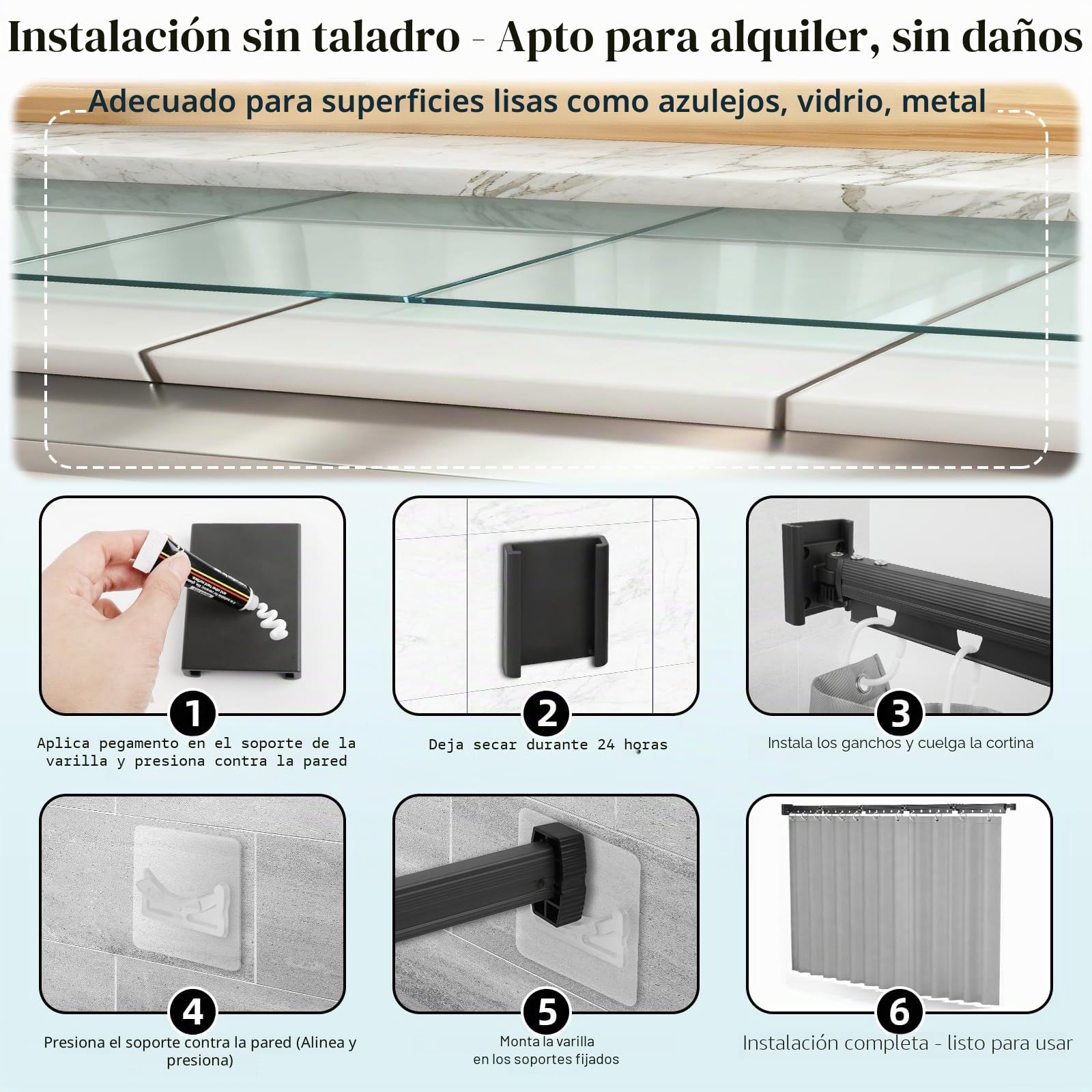 Barra Cortina Ducha Plegable de Pared, Barra Ducha Esquina, 1,8 m × 2 m Cortina Impermeable y Antimoho, Sin Taladrar, Plegable Forma en U/L/Recta, para Baños Pequeños, Vestuarios, Autocaravanas