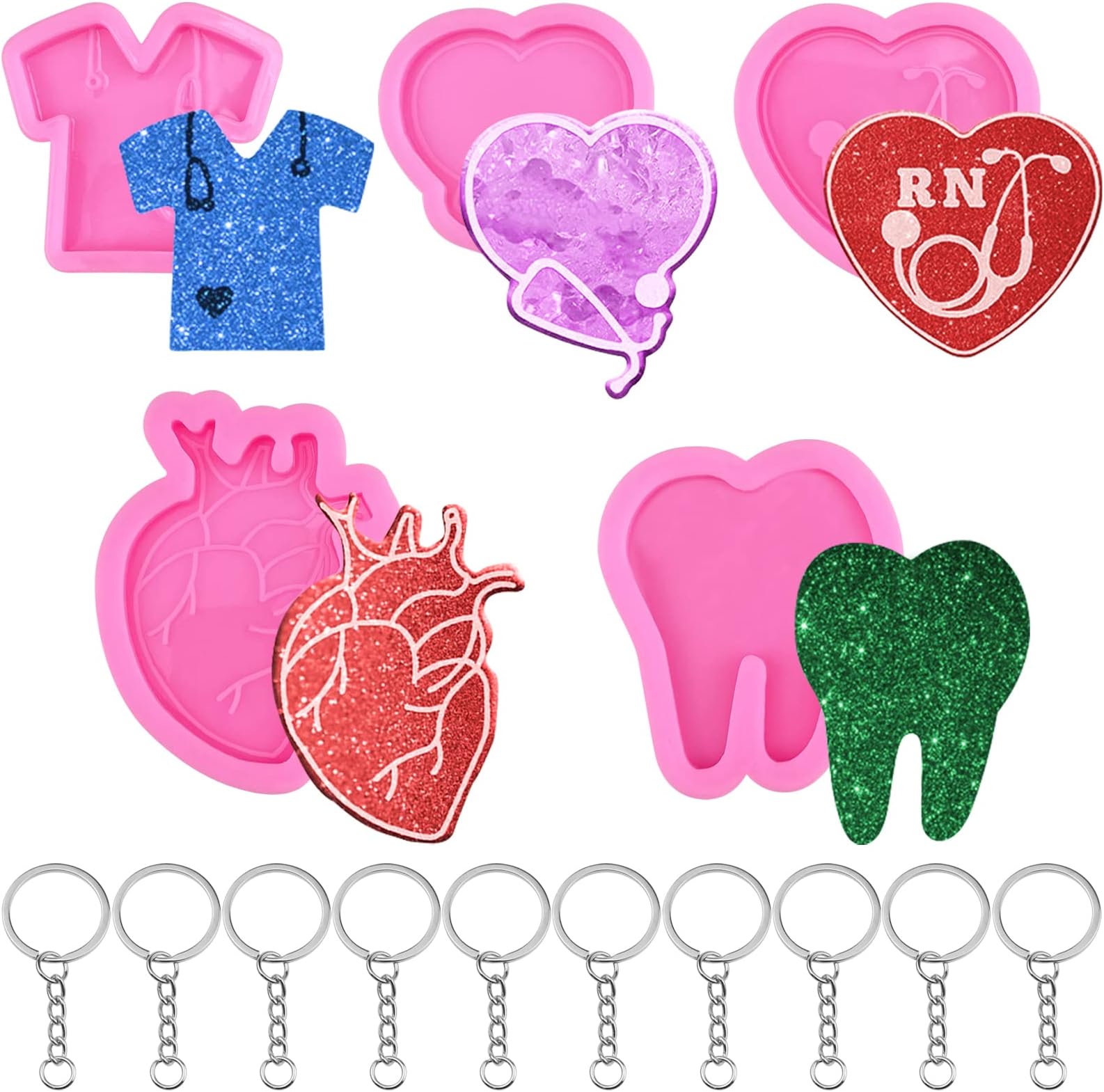 5 Pcs Doctor Theme Keychain Silicone Molds for Epoxy Resin Badge Reel Molds Resin Keychain Molds with 10 Pcs Key Rings for Pendant DIY Crafts Jewelry Making