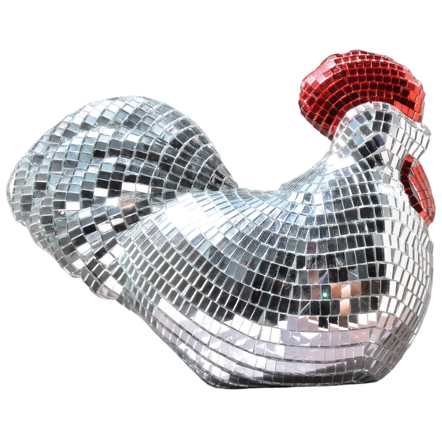 Uanqfegy Disco Ball Chicken Figurine - Mirror Disco Ball Decor with Silver Red Glass Tiles, Unique Party Decor