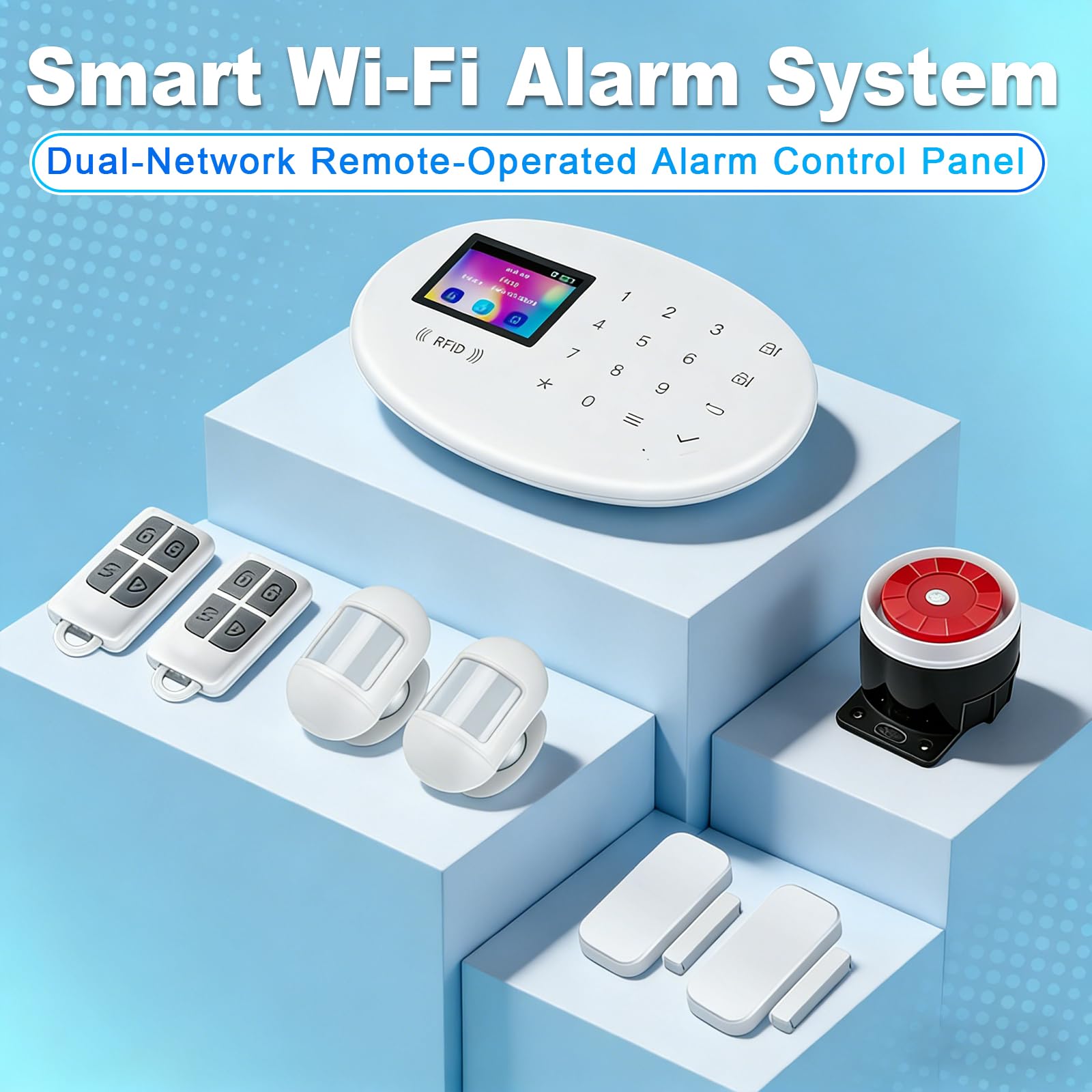 TOWODE W204 Système d'alarme de maison sans fil – Batterie et alimentation secteur double alimentation avec capteurs de mouvement, capteurs de porte et télécommandes radio pour appartements et maisons