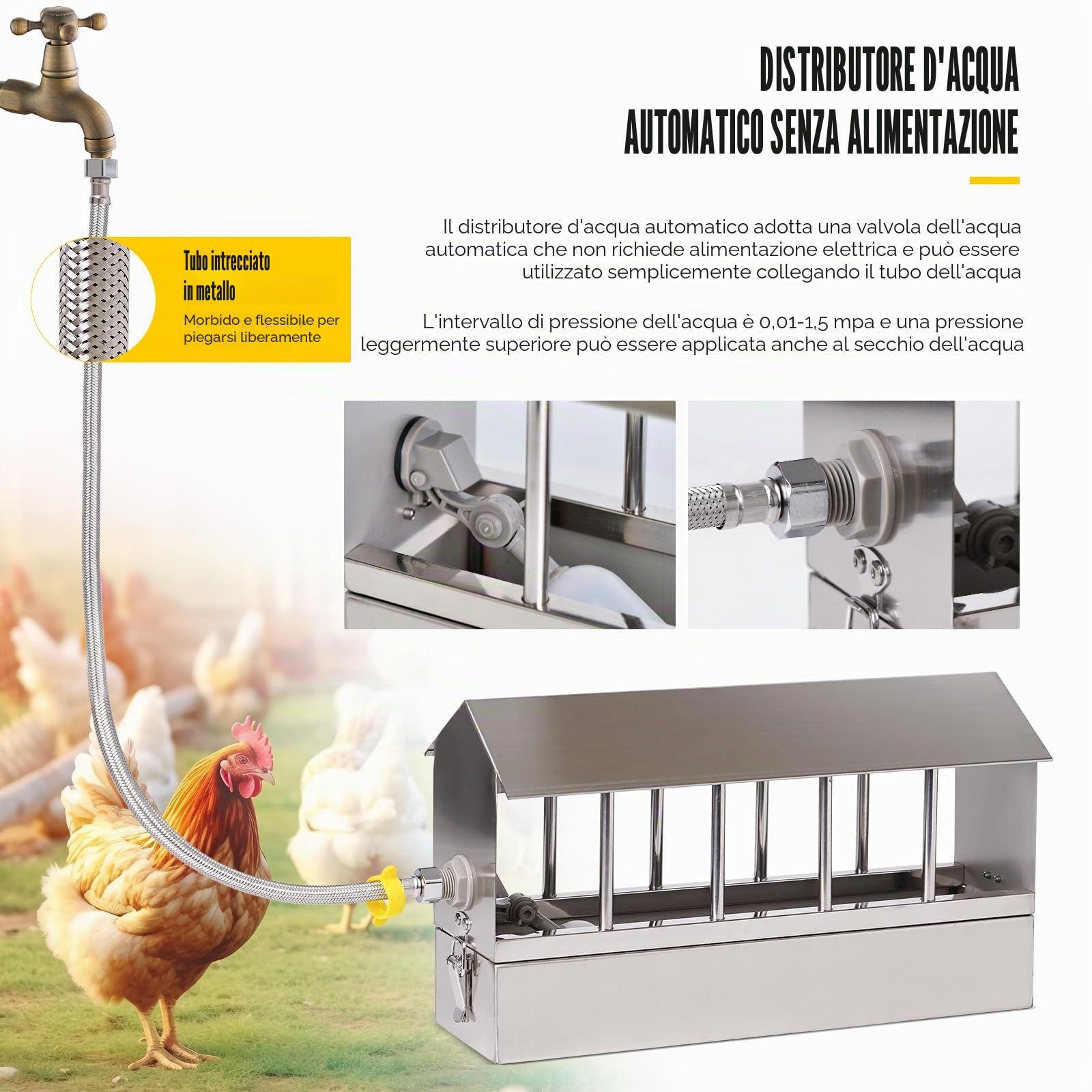 Abbeveratoio Automatico per Polli, Distributore D'Acqua Per Piccioni in Acciaio Inox con Valvola a Galleggiante Fontana di Abbeveratoio per Pollo Anatra Oca Piccione Quaglia