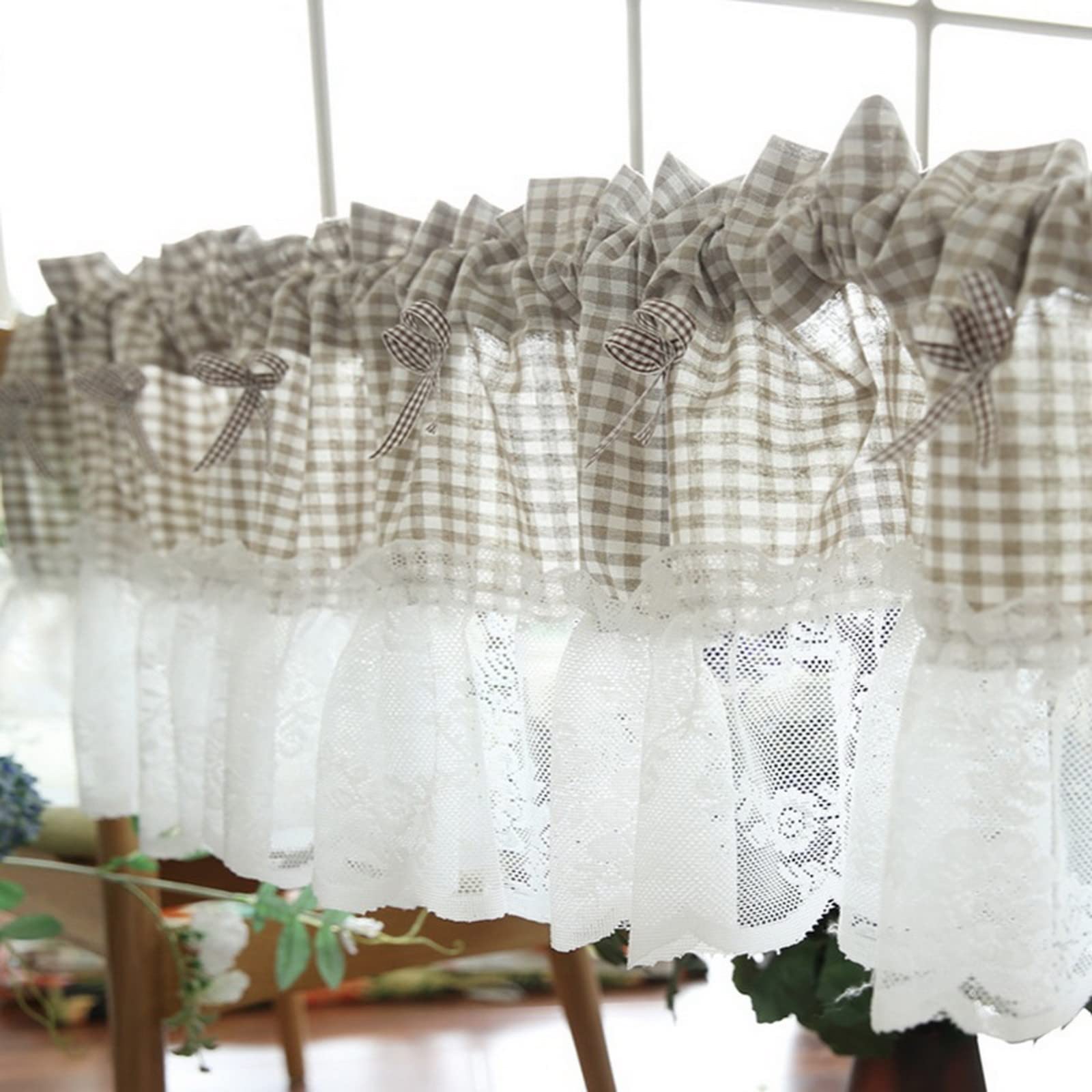 Cortina de cocina de encaje floral semitransparente con lazos para bistró