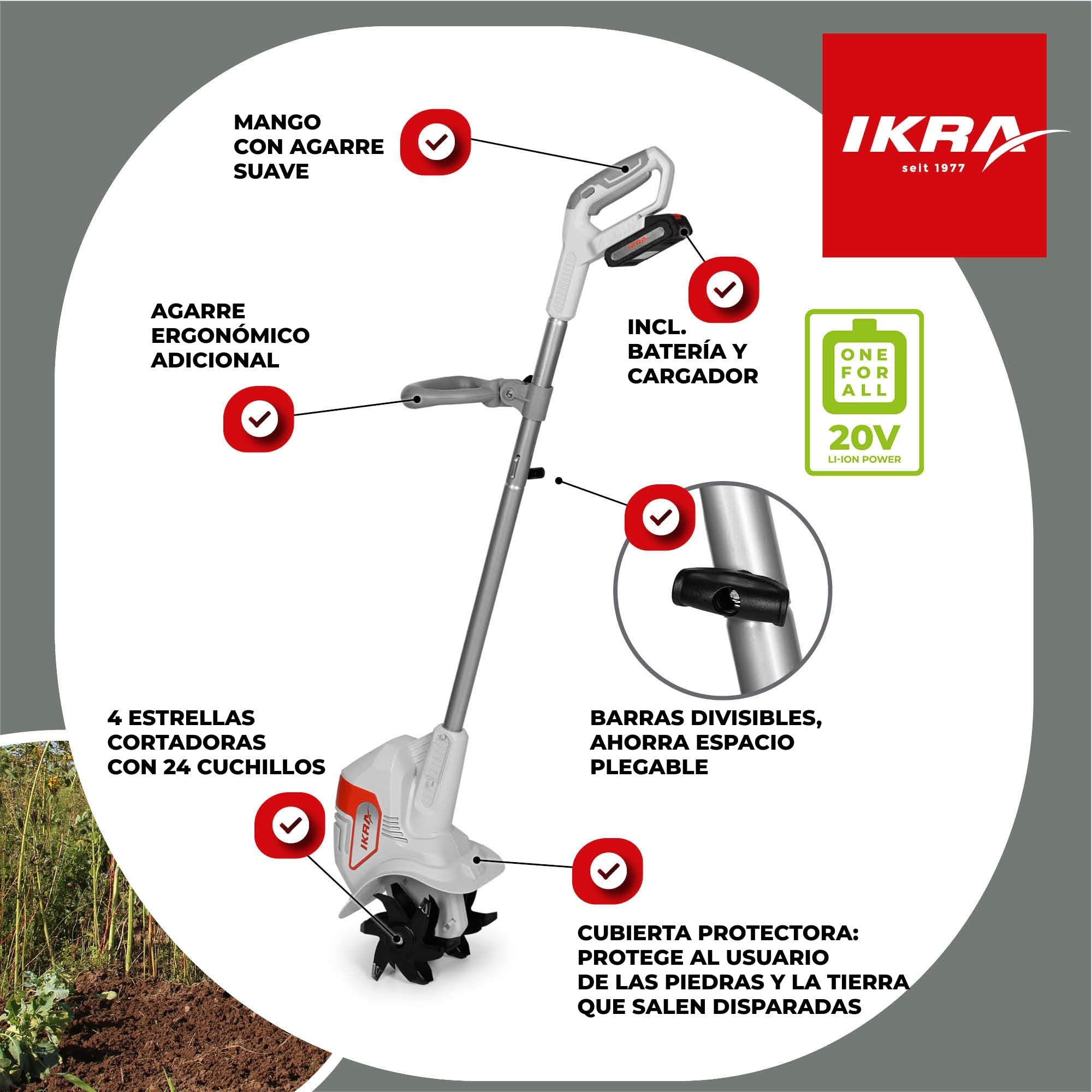 IKRA motozada IAMH 20, Ancho de Trabajo 19 cm, con batería y Cargador | Profundidad de trabajo de hasta 15,5 cm, ligero, almacenamiento ahorra espacio, gama de baterías de 20 V de IKRA
