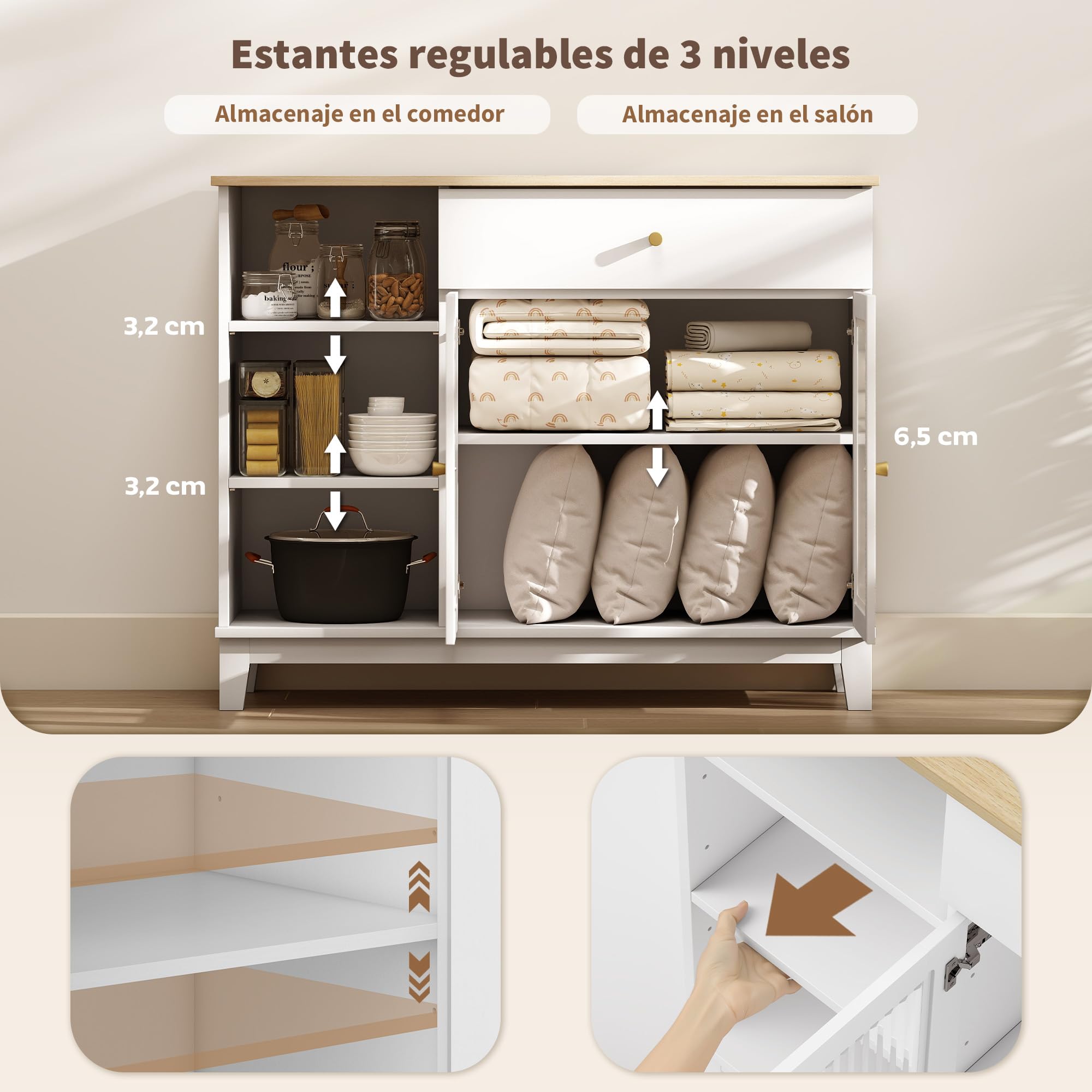 HOMCOM Aparador para Salón Moderno 2 Puertas Vidrio 100x35x80,3 cm Blanco | Vidrio Estriado, Cajón, Compartimentos Abiertos, Estantes Regulables, Aparador para Comedor y Entrada