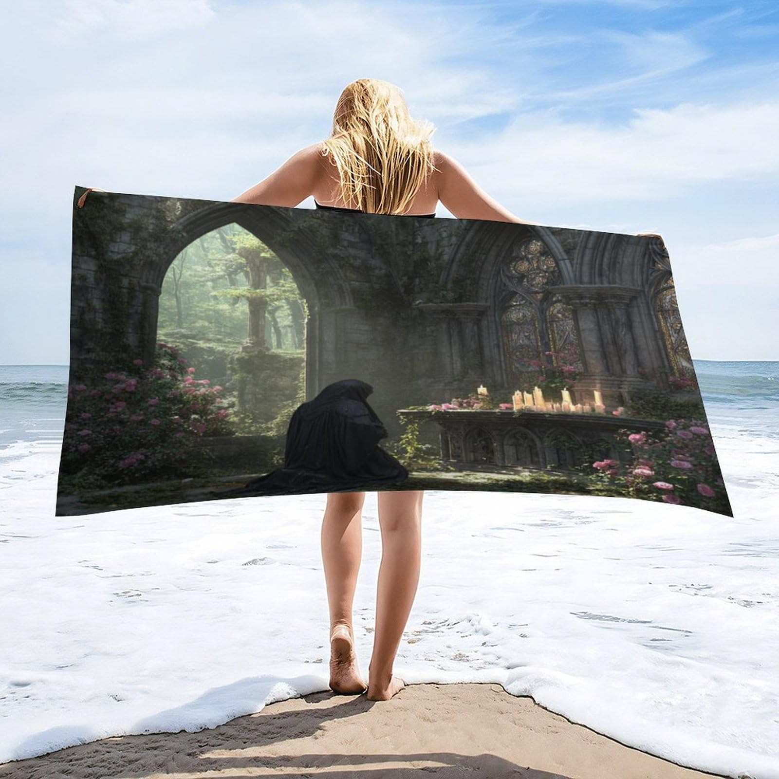 Luyysky Vintage Elegant Castle Arch Quick-Drying Beach Towel, Retro Oil Painting Spring Sunshine Arch Plant Roses Flowers Travel Vacation Single Sided Pile Bathroom Towels-80 W Cm X 160" L Cm