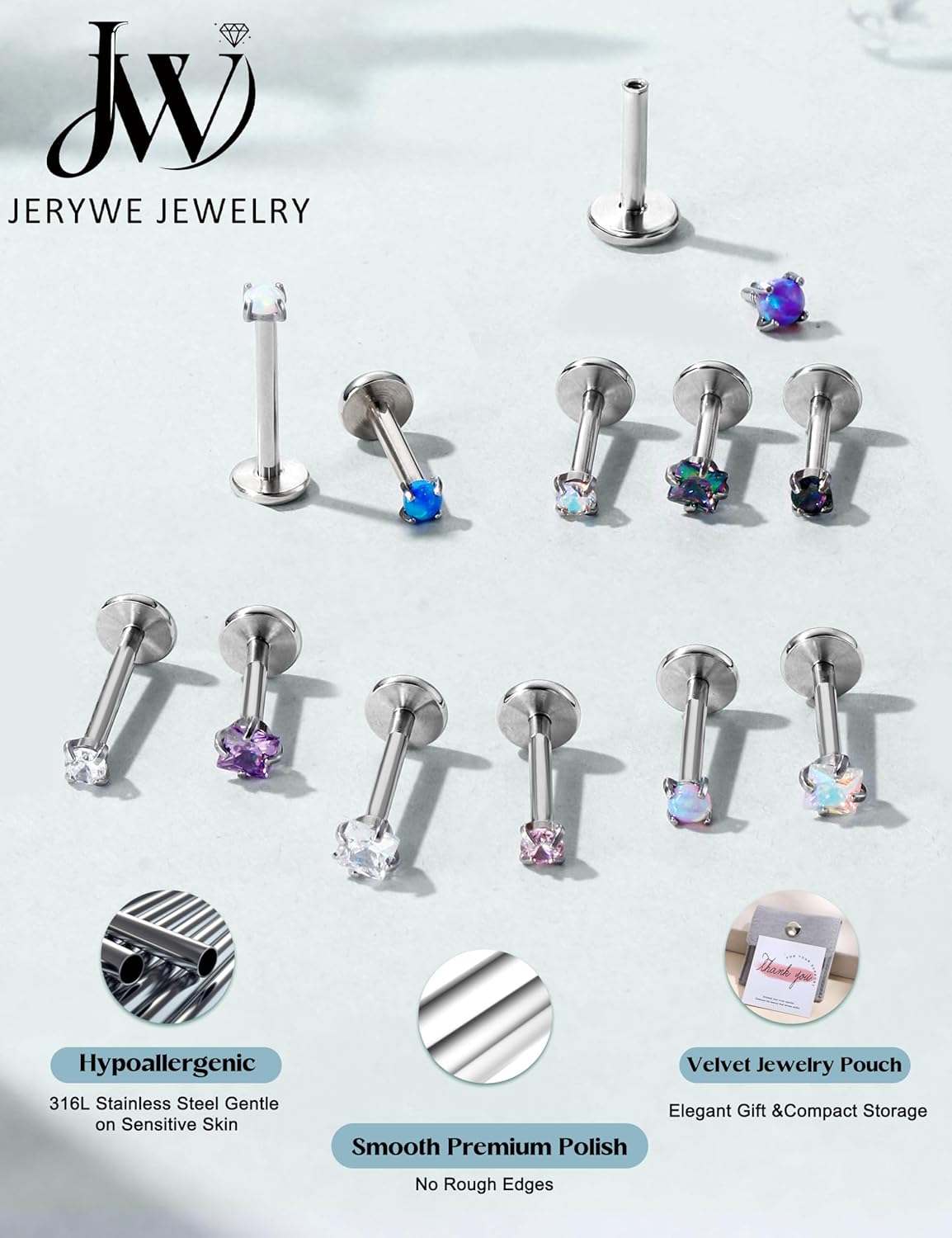 Hypoallergenic Nose Studs for Women - 16G/18G 316L Surgical Steel Nose Rings Studs Internally Threaded CZ Flat Back Stud Earrings Labret Stud Lip Tragus Helix Cartilage Piercing Jewelry for Women Men - Image 2