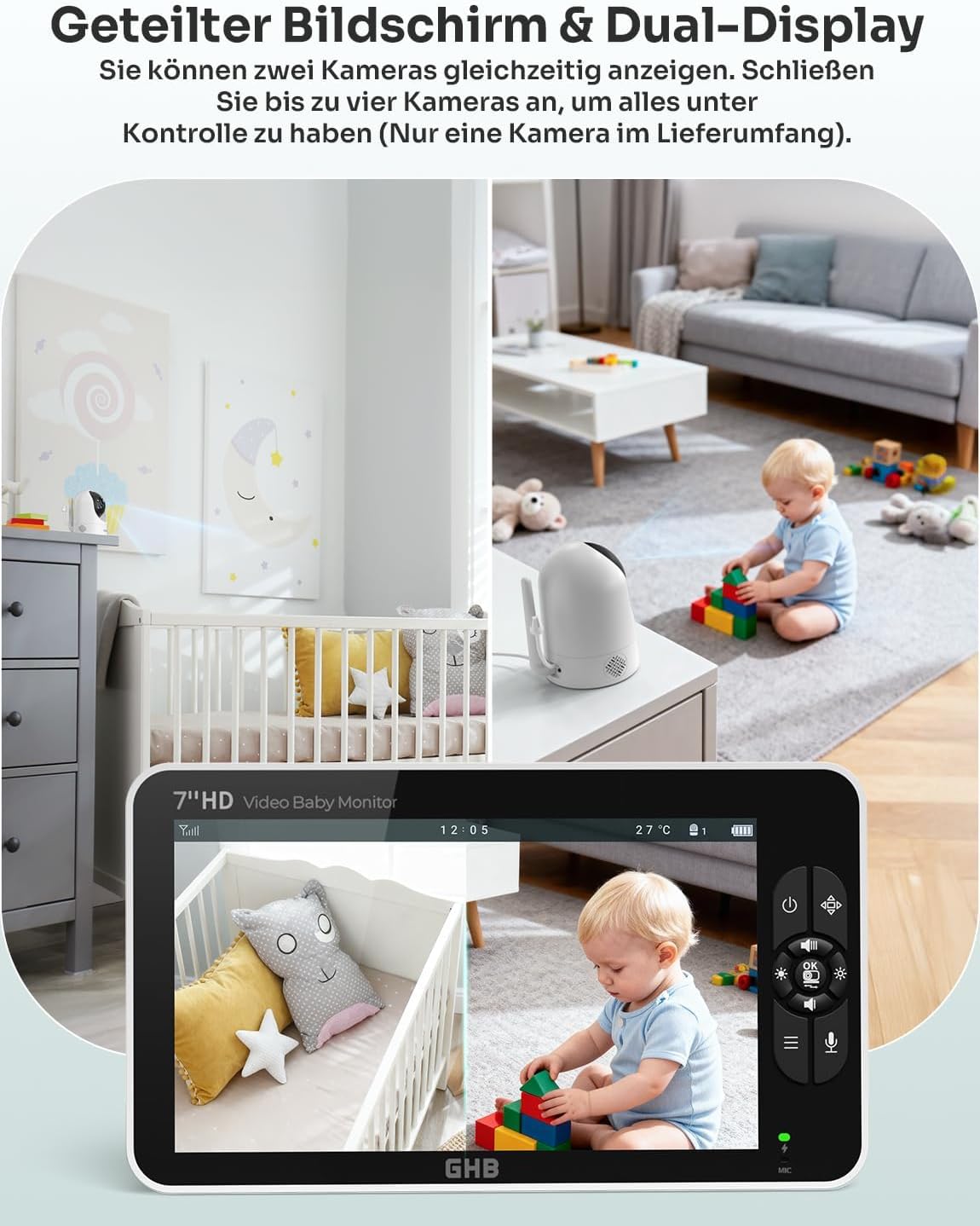 GHB Babyphone mit Kamera 7 Zoll 1080P IPS Display 168 Stunden Akkulaufzeit im VOX Modus 4X Zoom Max. 4 Kameras unterstützt Gegensprechen