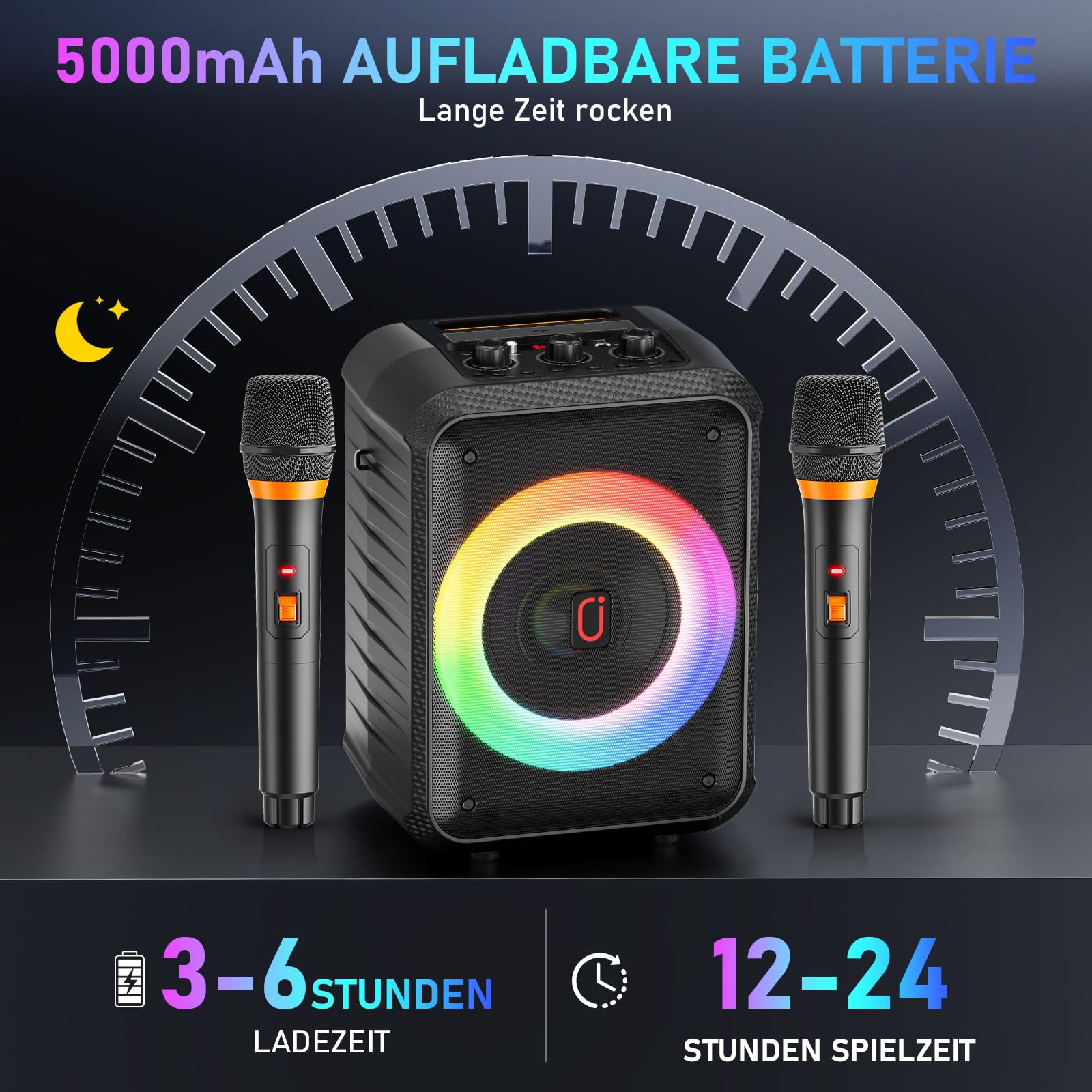 HWWR Karaoke Maschine mit 2 Mikrofonen, Tragbare Bluetooth 5.3 Karaoke Anlage mit RGB-Lichtern, Unterstützt TF-Karte/USB/AUX/TV, PA-System für Home-Partys, Erwachsene und Kinder