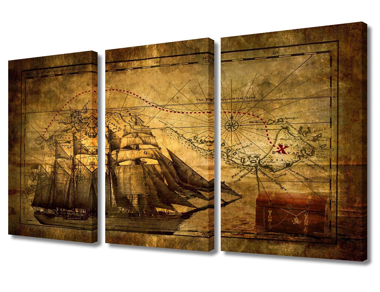 Wall Pictures for Living Room - Nautical Map Paintings Nordic Style Artwork 3 Panel Art Prints Wall Deccorations for Home Bedroom Office Canvas Art Stretched and Framed Ready to Hang(36"Wx24"H)
