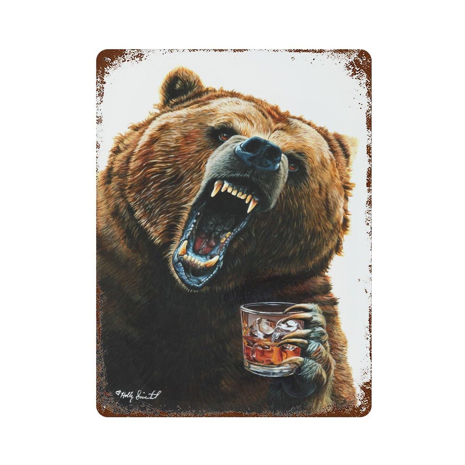 Garage Style Grizzly Nights, Angry Bear with Whiskey Rusty Metal Tin Sign 15.7"x11.8", Farmhouse Wall Decor for Bar And Workshop
