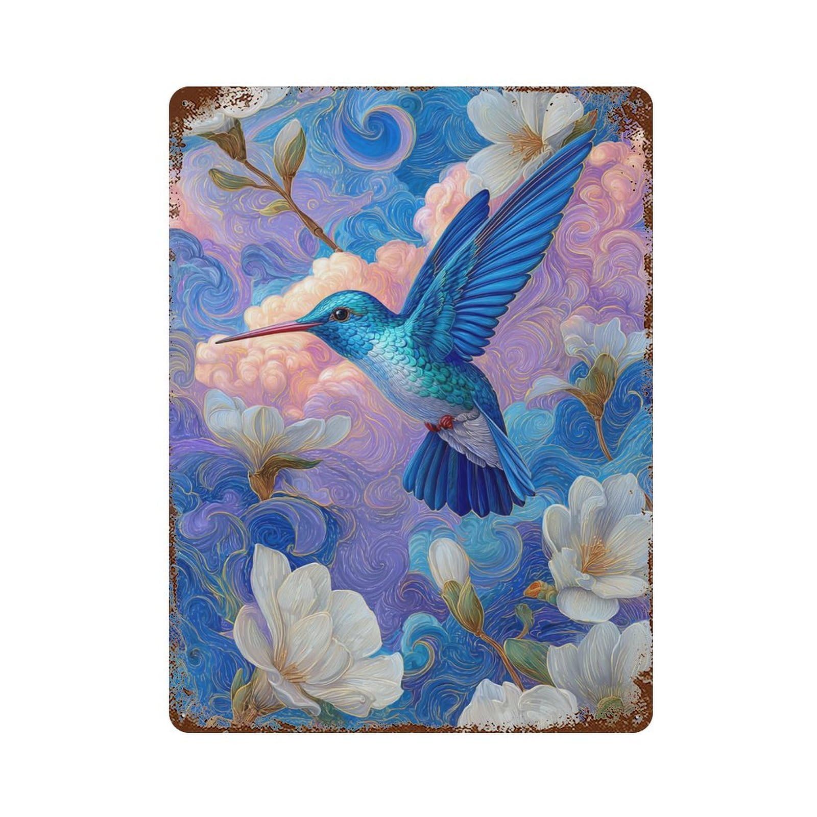 Vintage Rust Metal Sign Blue Hummingbird in Floral Fantasy 15.7"x11.8", Novelty Wall Decor for Office, Studio And Wall Decor