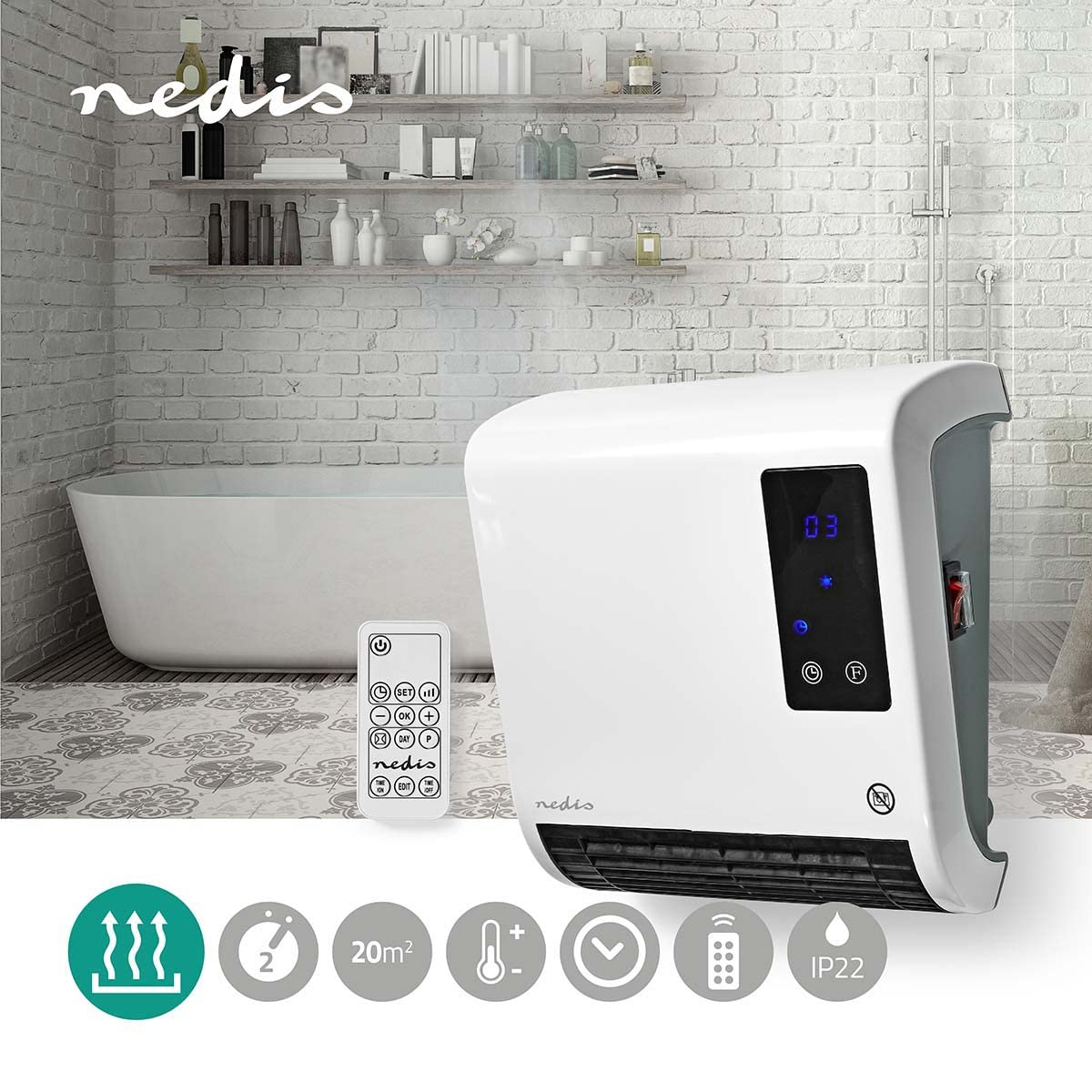 Nedis HTBA20WT - Riscaldatore da bagno, 2000 W, termostato regolabile, 2 livelli di calore, protezione dagli spruzzi d'acqua IP22, con telecomando, bianco