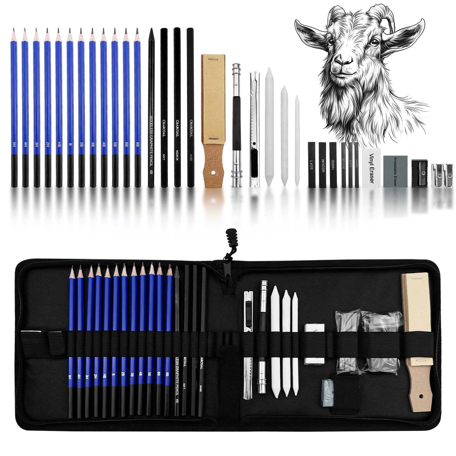 Kit Dessin Professionnel Absyrony - Crayons Graphite, Fusain, Gommes - Étui Transport - Pour Artistes