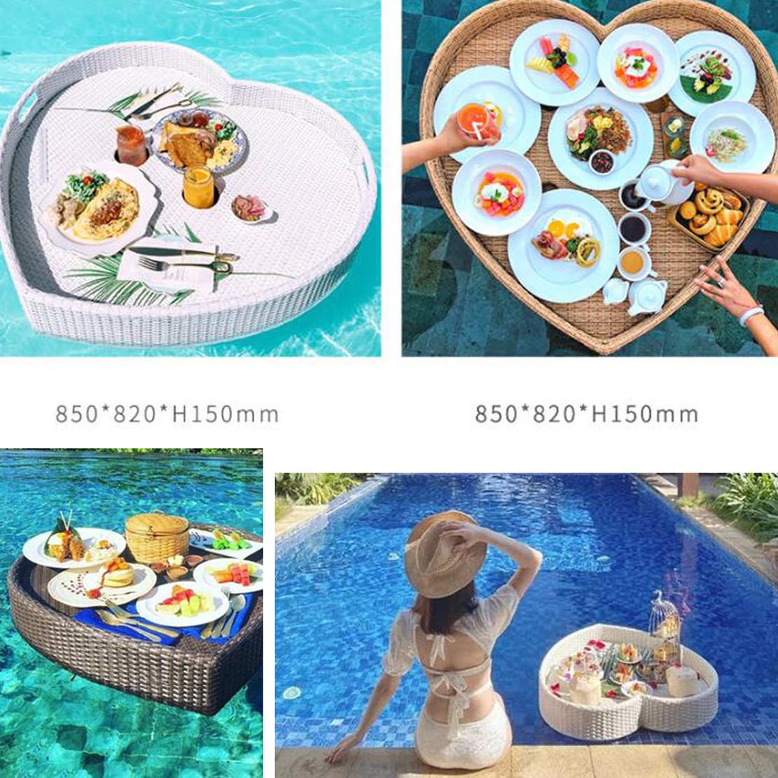 Vassoio da portata galleggiante in rattan con manici, ideale per bar sulla sabbia, spa, bagno, feste, accessorio indispensabile per piscina, bevande, insalate e frutta