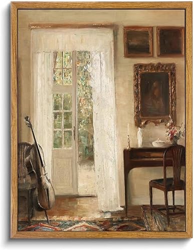 Qizee Lienzo enmarcado para decoración del hogar, interior con violonchelo, decoración de pared vintage para sala de estar, decoración del hogar,