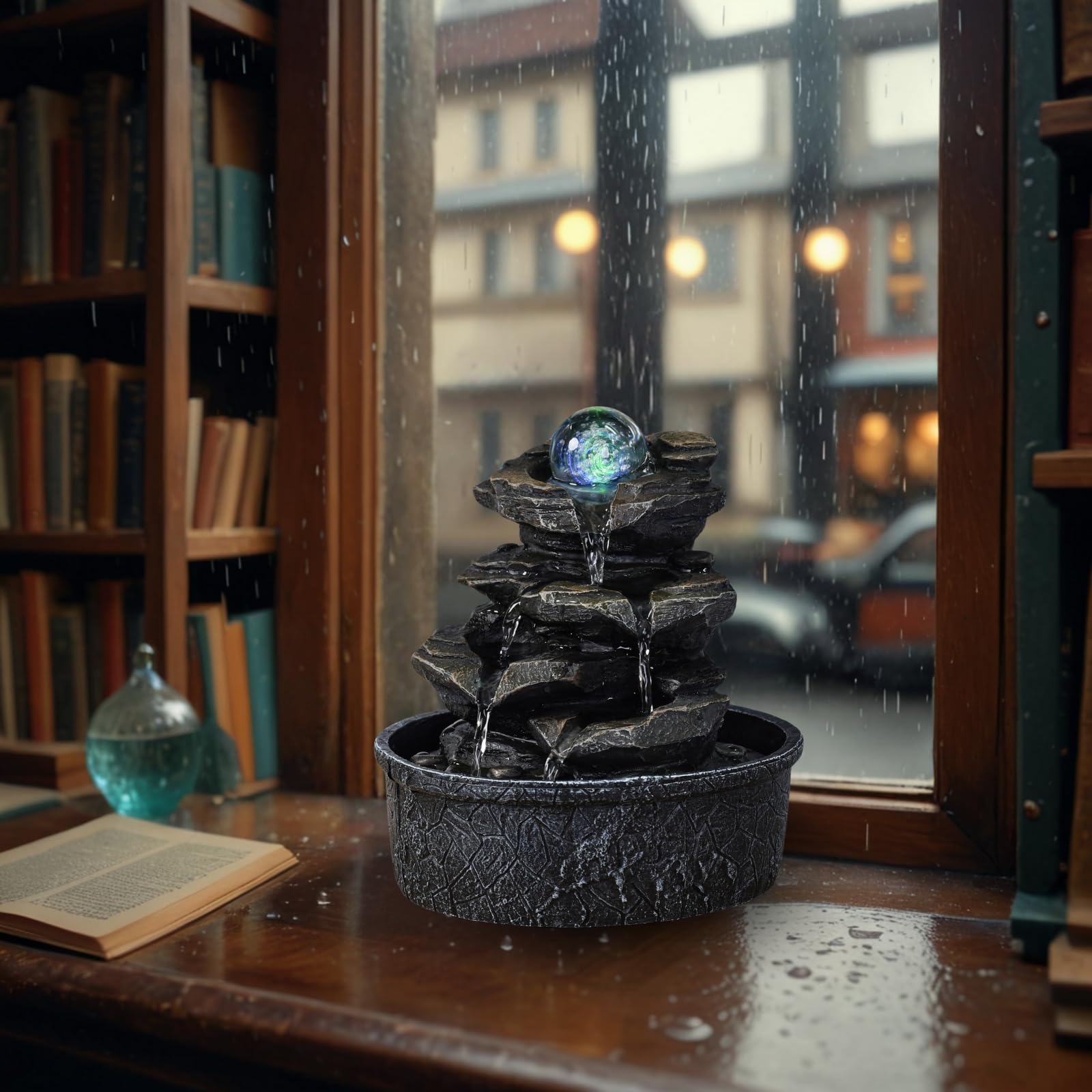 Zen'Light - Zimmerbrunnen Little Rock - Naturwasserfall mit Steineffekt und farbigem LED-Licht - Zen Tischdekoration Ideal für Meditation und Entspannung - Feng-Shui-Objekt Glück - H 23cm