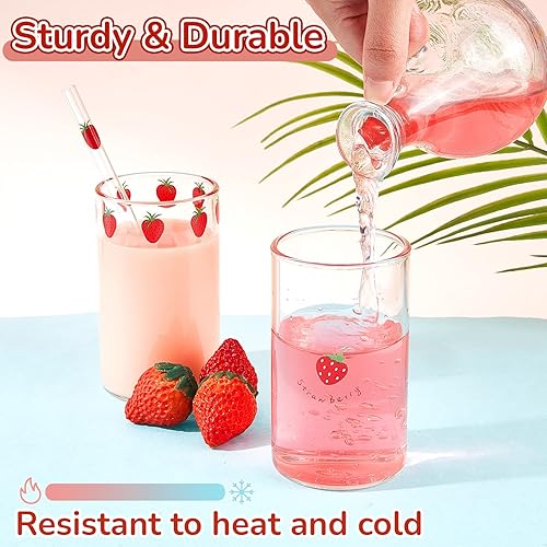 Miniatura 4 de Tessco for you 2 juegos de tazas de vidrio de fresa Nana con popote para beber, diseño de cerezas, con diseño de bayas, para jugo, agua, leche,