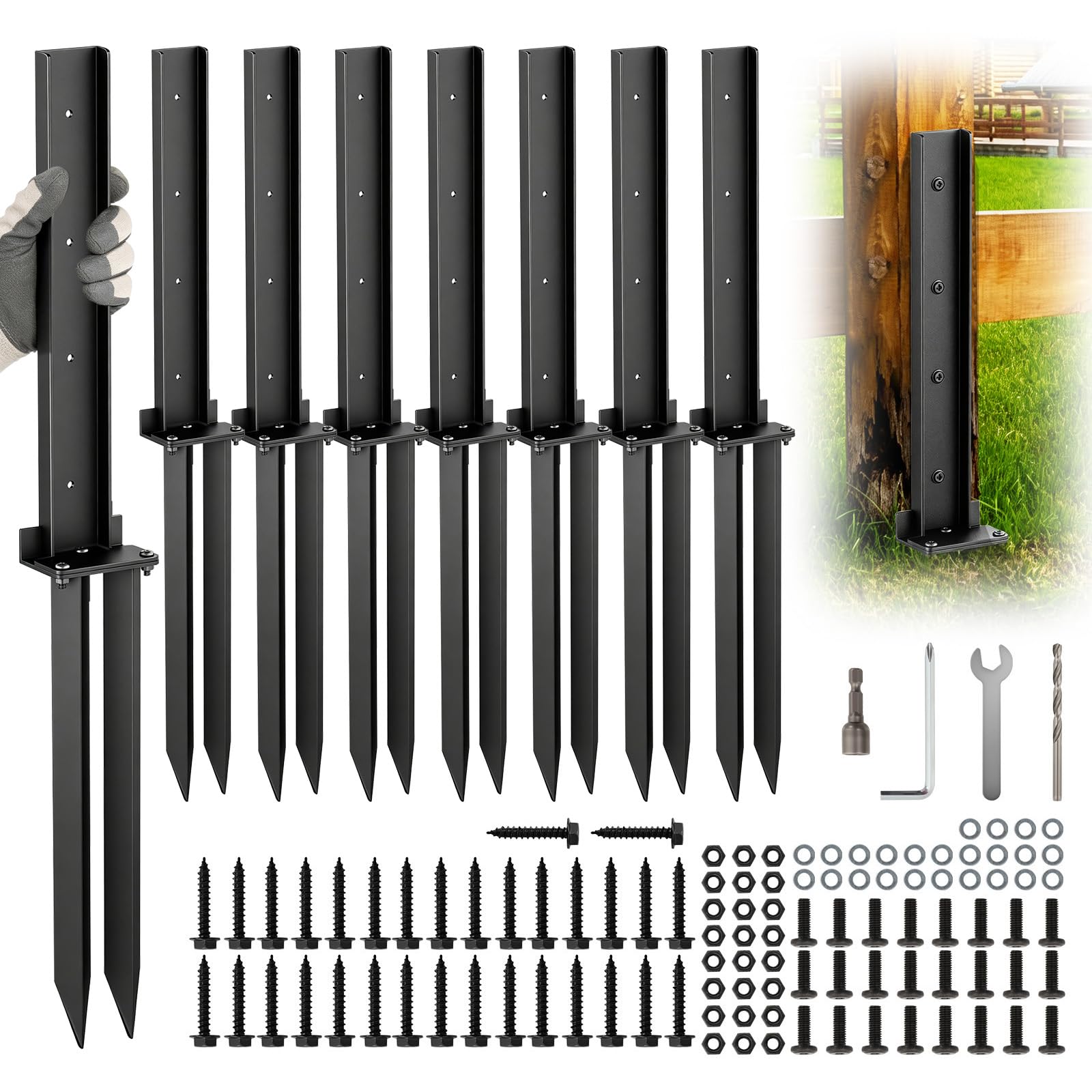 Fence Post Repair Kit, Heavy Duty Steel Fence Post Repair Stakes,for Repair Tilted or Broken Wooden Fence Posts,No Dig Support Fixer with Screws (Two-piece split-8PC)