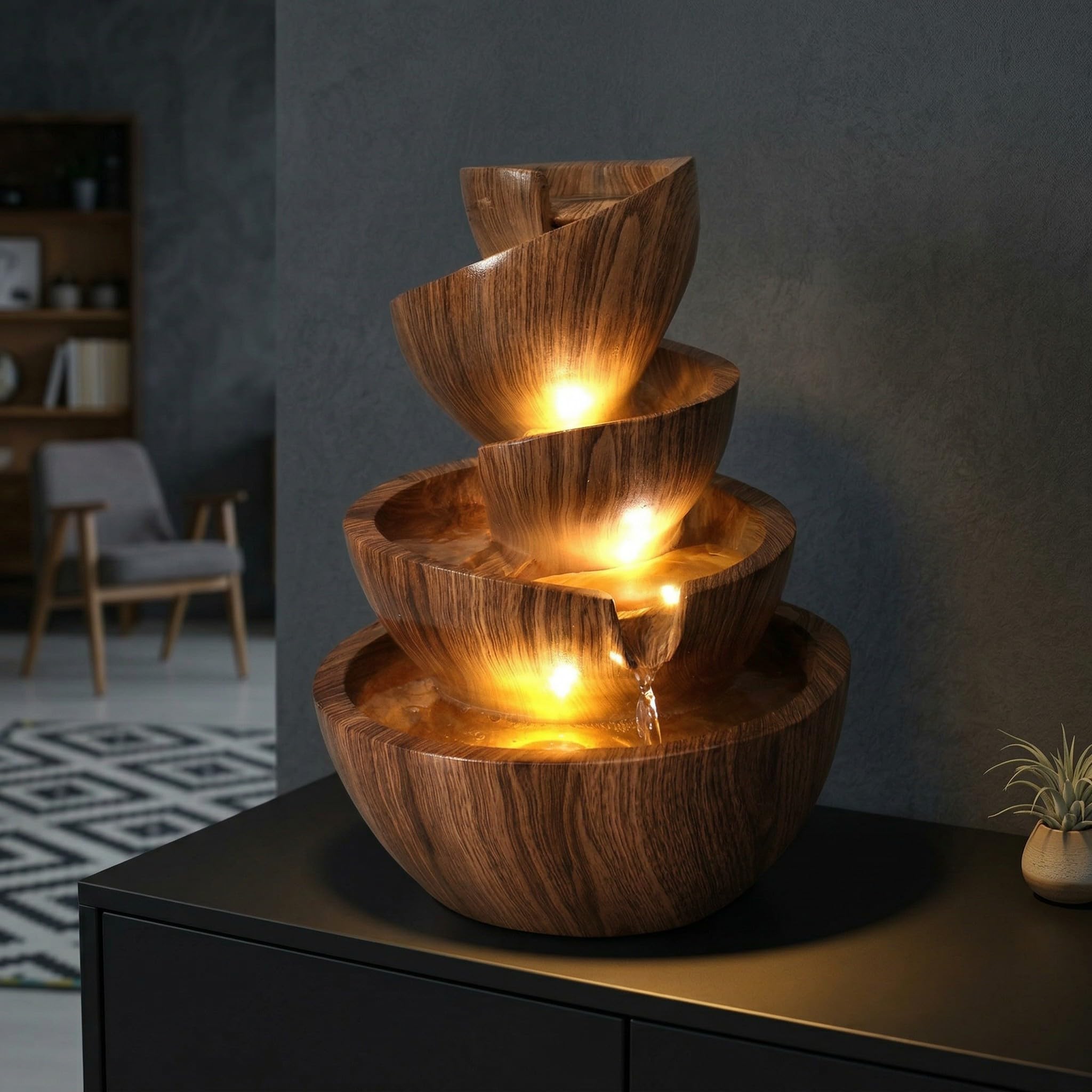 Fontaine d'intérieur à LED - Fontaine d'intérieur et d'extérieur en polyrésine - 39 cm de haut - Avec spots LED blanc chaud - Fontaine de jardin - Fontaine décorative pour salon, bureau et jardin