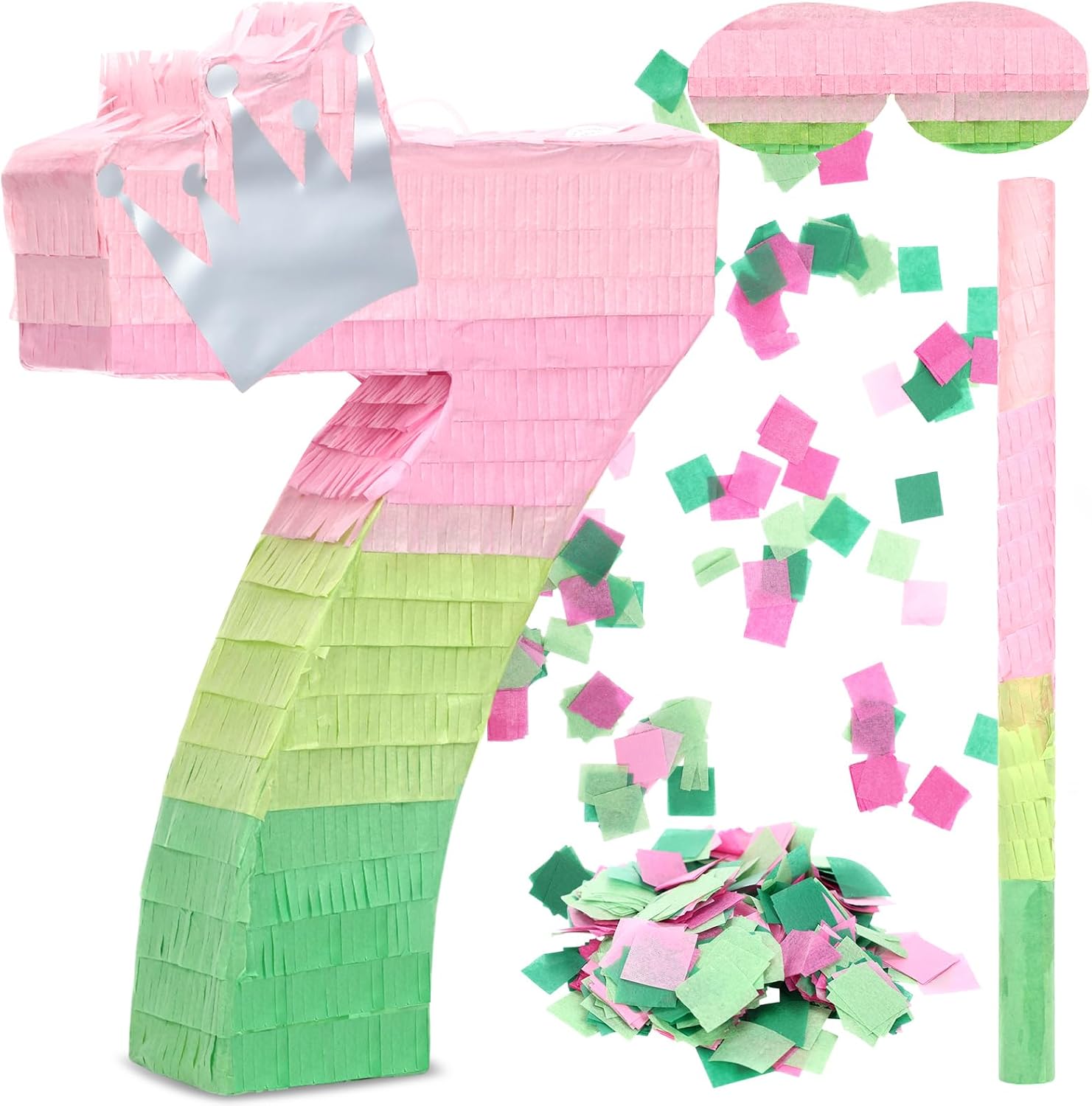 Arrowbash Number 7 Piñata Pink and Green Birthday Decorations Witch Themed Party Favor with Stick Blindfold and Confetti, Your Birth Day Gift for Kids Girls Boys, 15.9 x 11 x 2.7'