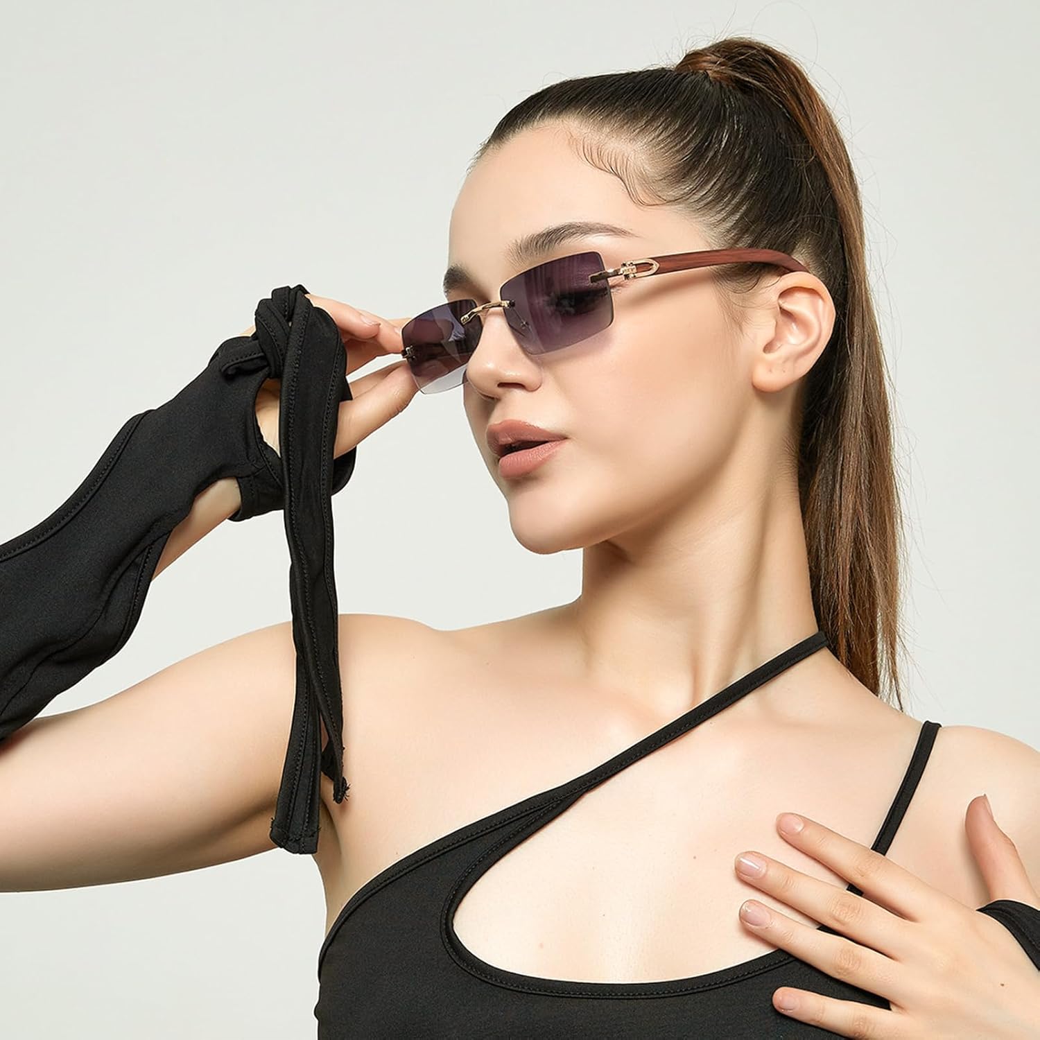 Dollger Rimless Rectangle Sunglasses for Men Women Hip-hop Wood Small Square Sunglasses Frameless 70s 90s Shades - Image 7