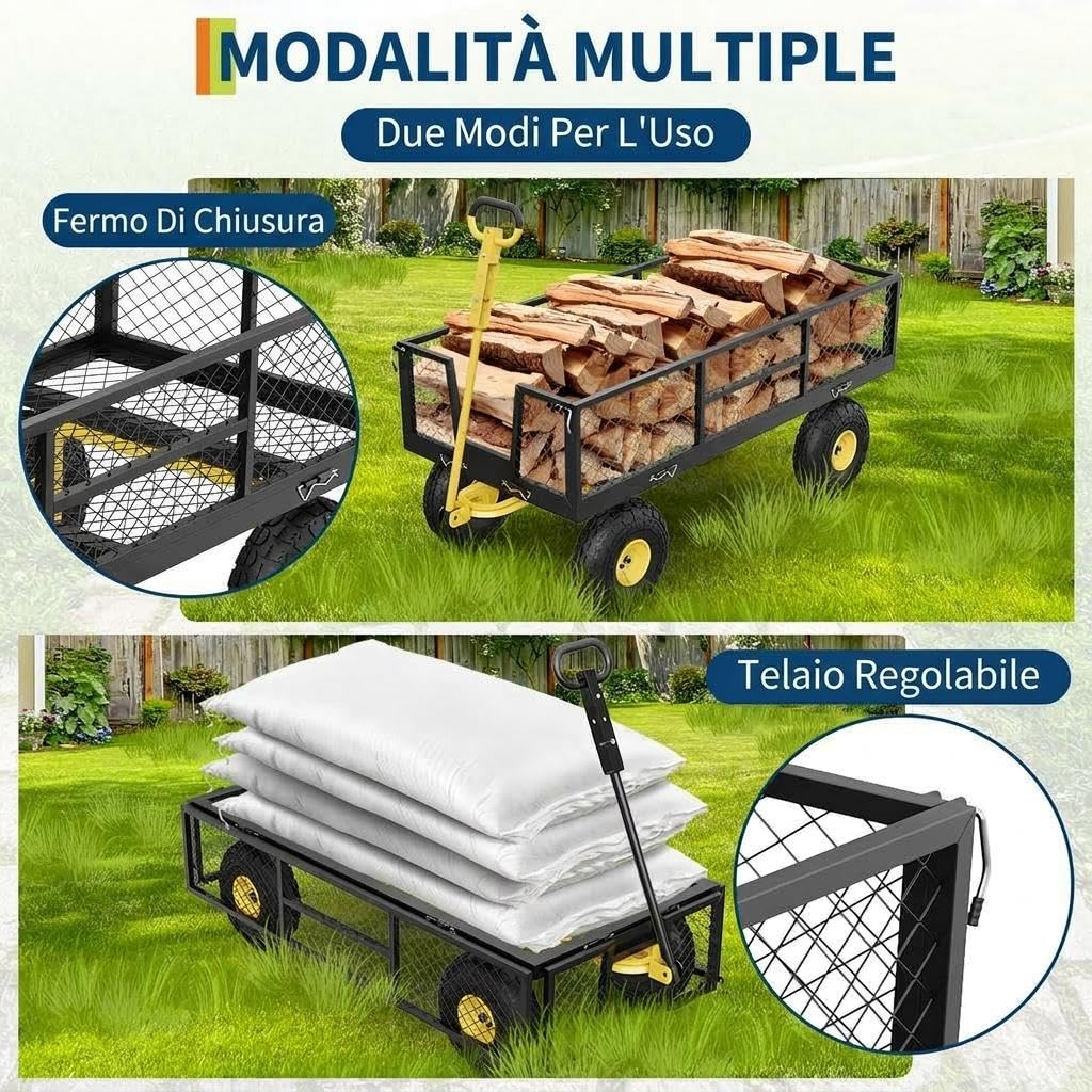 GarveeHome Carrello da giardino robusto 900 kg in acciaio – Sponde rimovibili – Ruote pneumatiche 10'' – Pianale trasformabile – Manico regolabile – Per giardino, prato, fattoria, magazzino