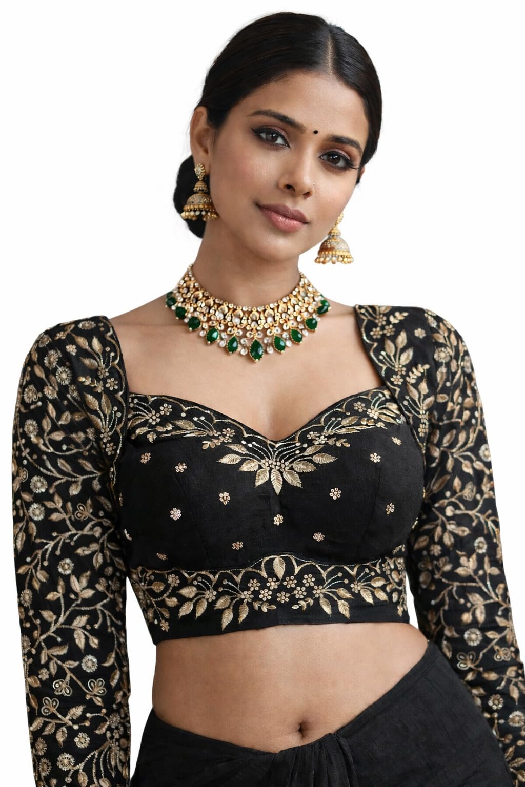 Women Dark Green Heavy Embroidered Silk Blouse with Long Sleeves, Deep Sweetheart Neck Front and Dori Tie Back Design for Saree and Ethnic Wear | Size 38 (Alterable 36–40)