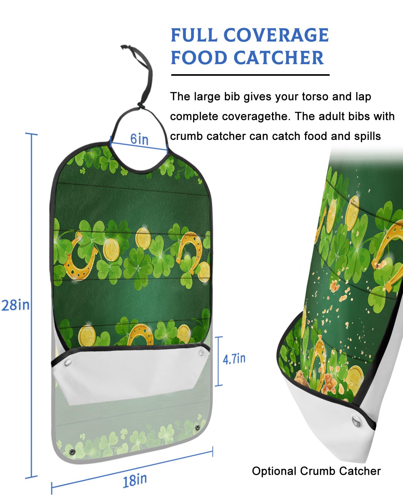 St. Patrick's Day Adult Bibs for Eating, Waterproof Bibs with Food Catcher & Adjustable Snap Closure, Green Lucky Clover Gold Horseshoe on Wood Clothing Protectors Adult Bibs for Elderly Women/Men
