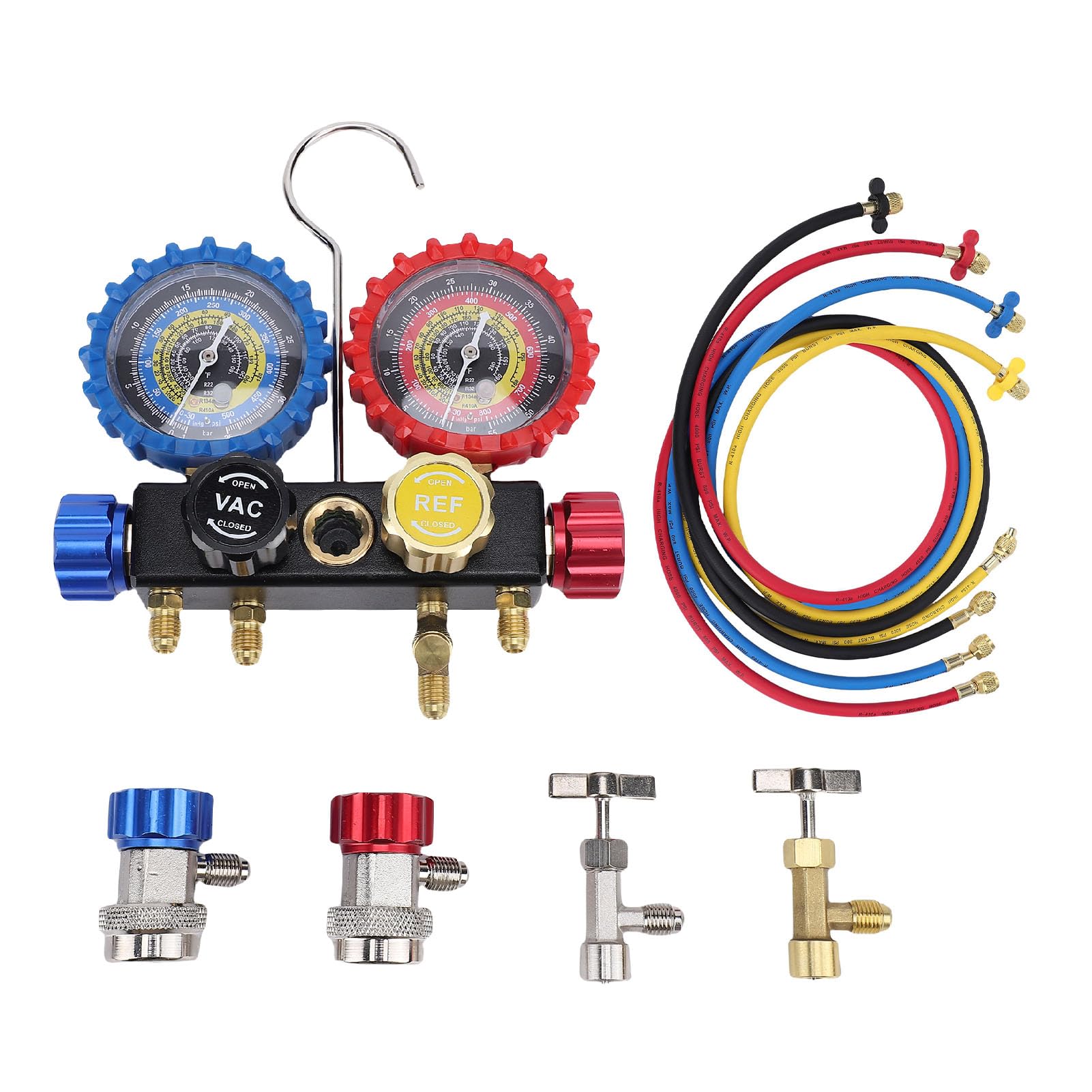 Keenso Juego de Manómetros de Colector de CA, Kit de Carga de Refrigerante de Aire Acondicionado Automotriz de Latón con Manguera de 4.92 Pies y Válvula de Seguridad, para