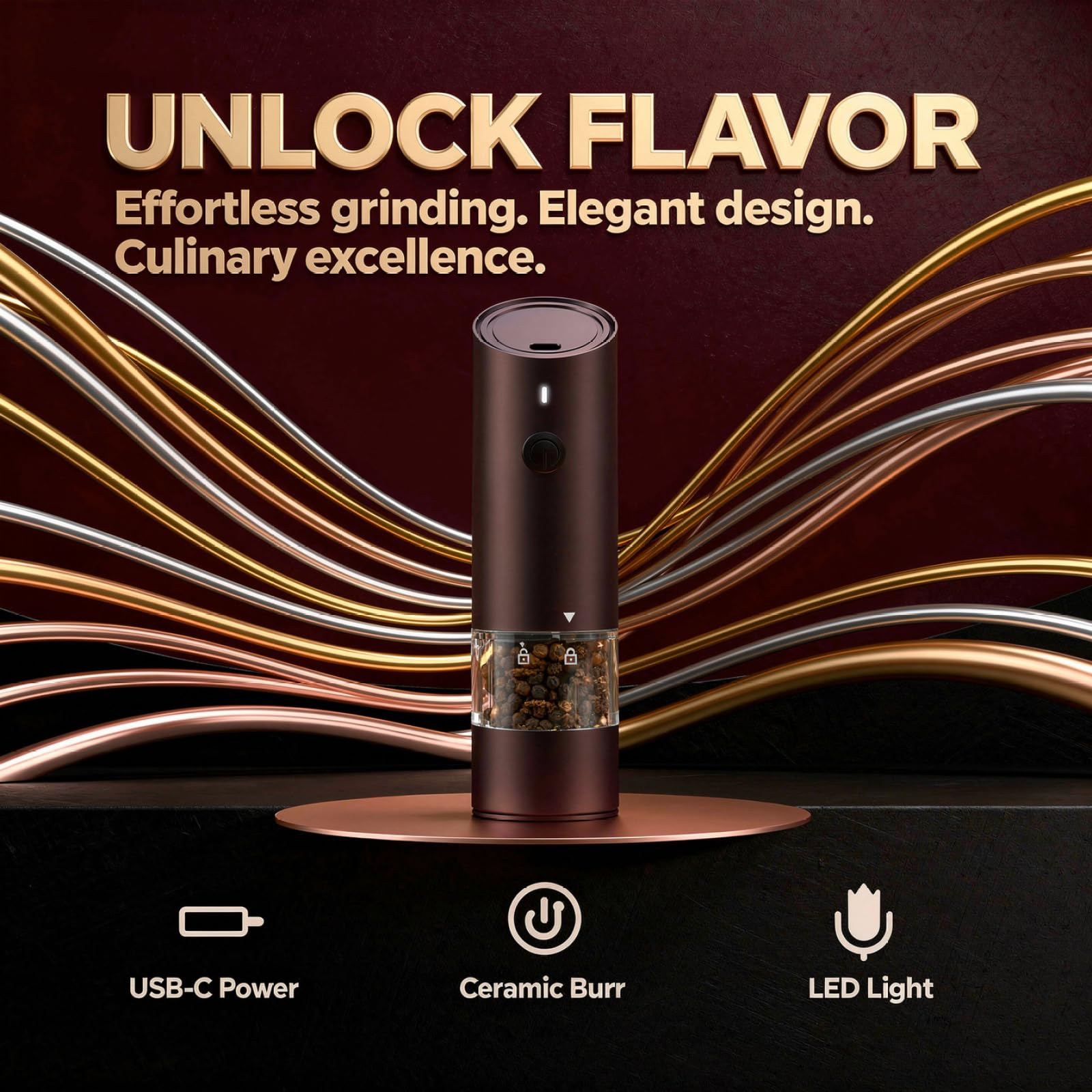 Elektrische Pfeffermühle Weinrot, USB-aufladbare automatische Gewürzmühle mit einstellbarer Körnung, Keramik-Mahlkegel, tragbare Gewürzmühle für unterwegs, 6,7 Zoll x 1,9 Zoll, 169 x 48 mm