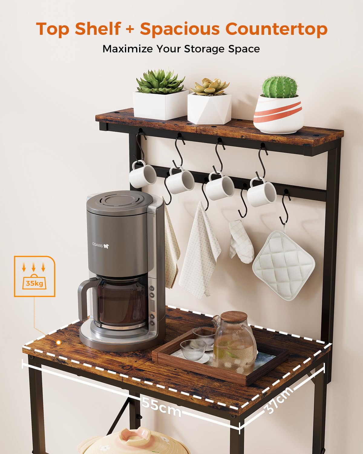 COMHOMA Scaffalatura,Scaffale Cucina,Scaffale a Piede,Scaffale per Microonde,Scaffale Spezie,Libreria con Protezione Anti-Ribaltamento,Mobile con 4 Ripiani,8 Ganzi a S,55x37x126cm,Marrone Vintage