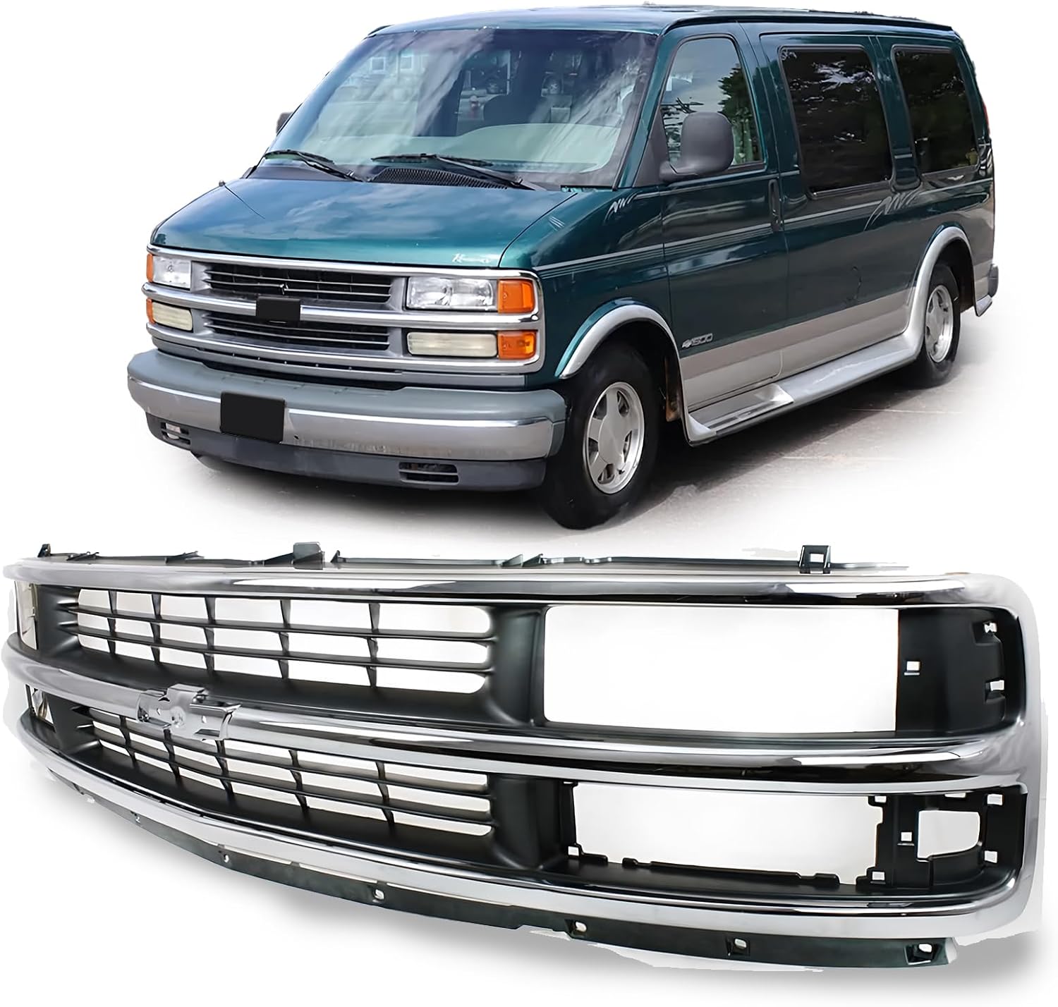 Front Express Grille - Chrome Shell With Gray Insert Grill Compatible With 1996-2002 Chevy Express 1500 2500 3500 GM1200382 15037242 (Fits Composite Headlights Type)