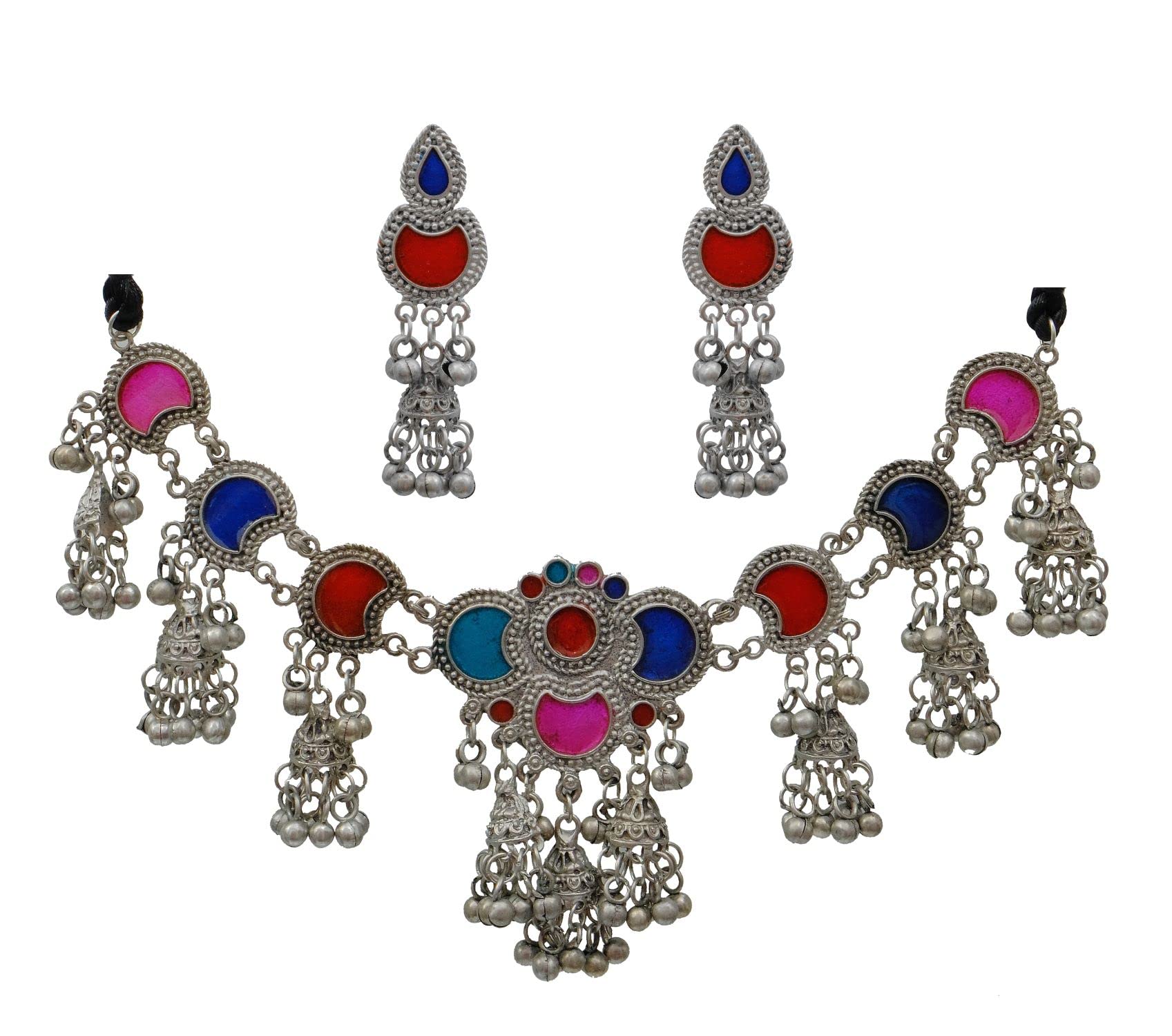 Statement Ethnic Traditional Ghungroo Black Polish Fashion Enamel SIlver Oxiidzed Choker Necklce Earrings Jewellery Set (Silver) (B0CJ2GTXNH) Amazon Price History, Amazon Price Tracker