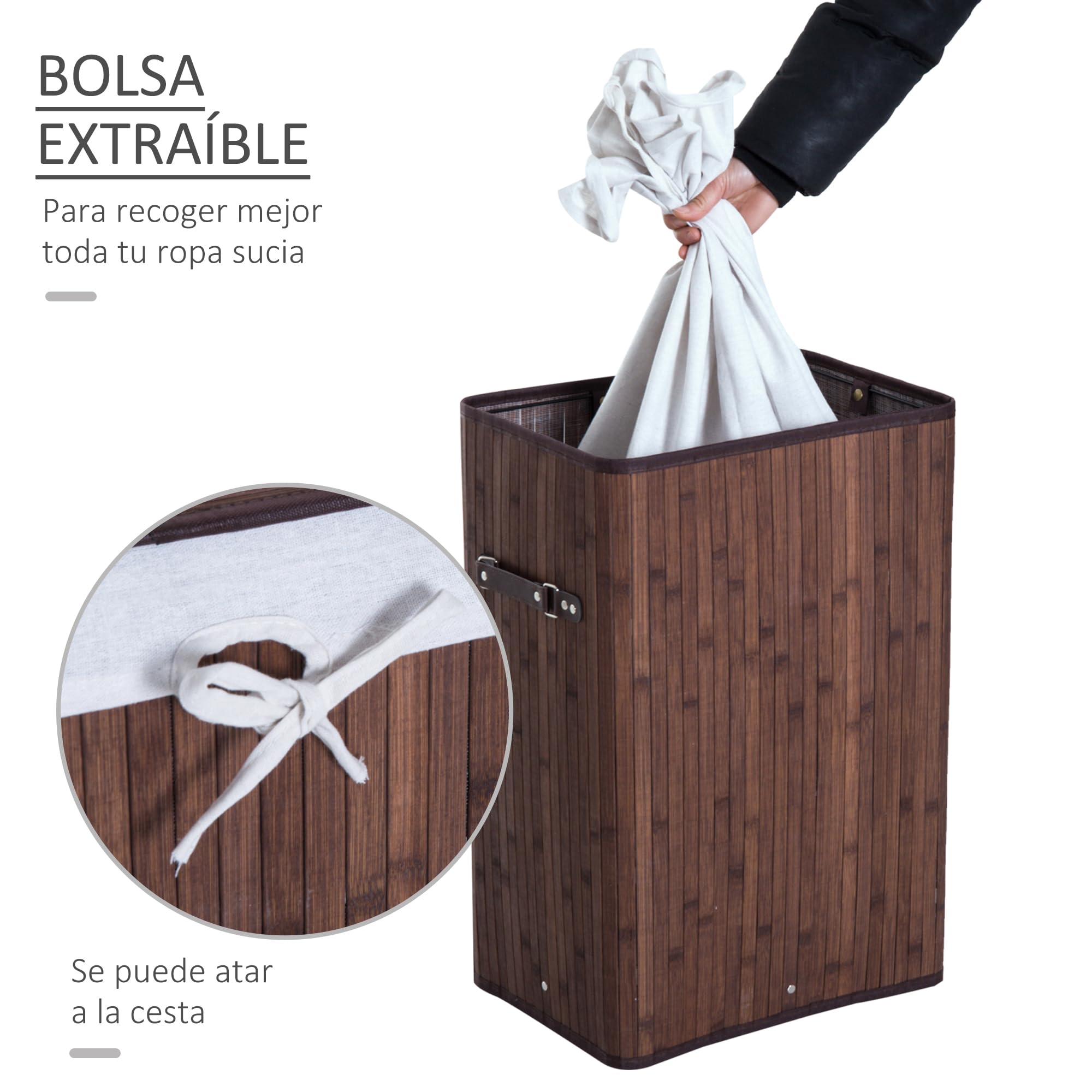 HOMCOM Cesto de Ropa Sucia Plegable con Tapa 67L, Cesta Ropa Sucia de Bambú, 2 Compartimentos, Bolsa Extraíble, para Dormitorio, Baño, Lavandería, 40x30x60 cm, Marrón