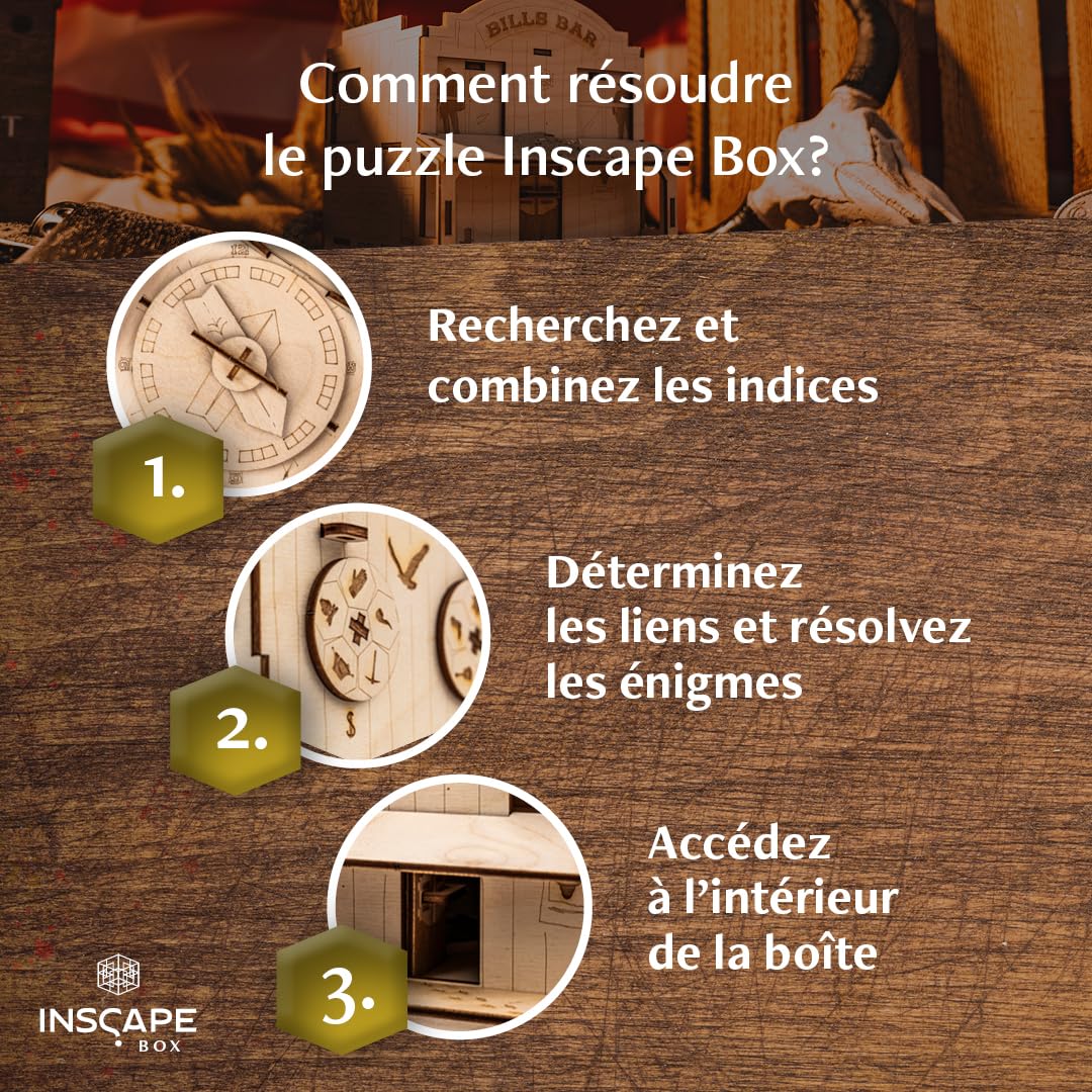 INSCAPE Boîte de puzzle en bois Wild West - Jeu d'évasion pour adultes - Puzzle 3D - 100 pièces - 14,5 x 13,5 cm - À partir de 14 ans