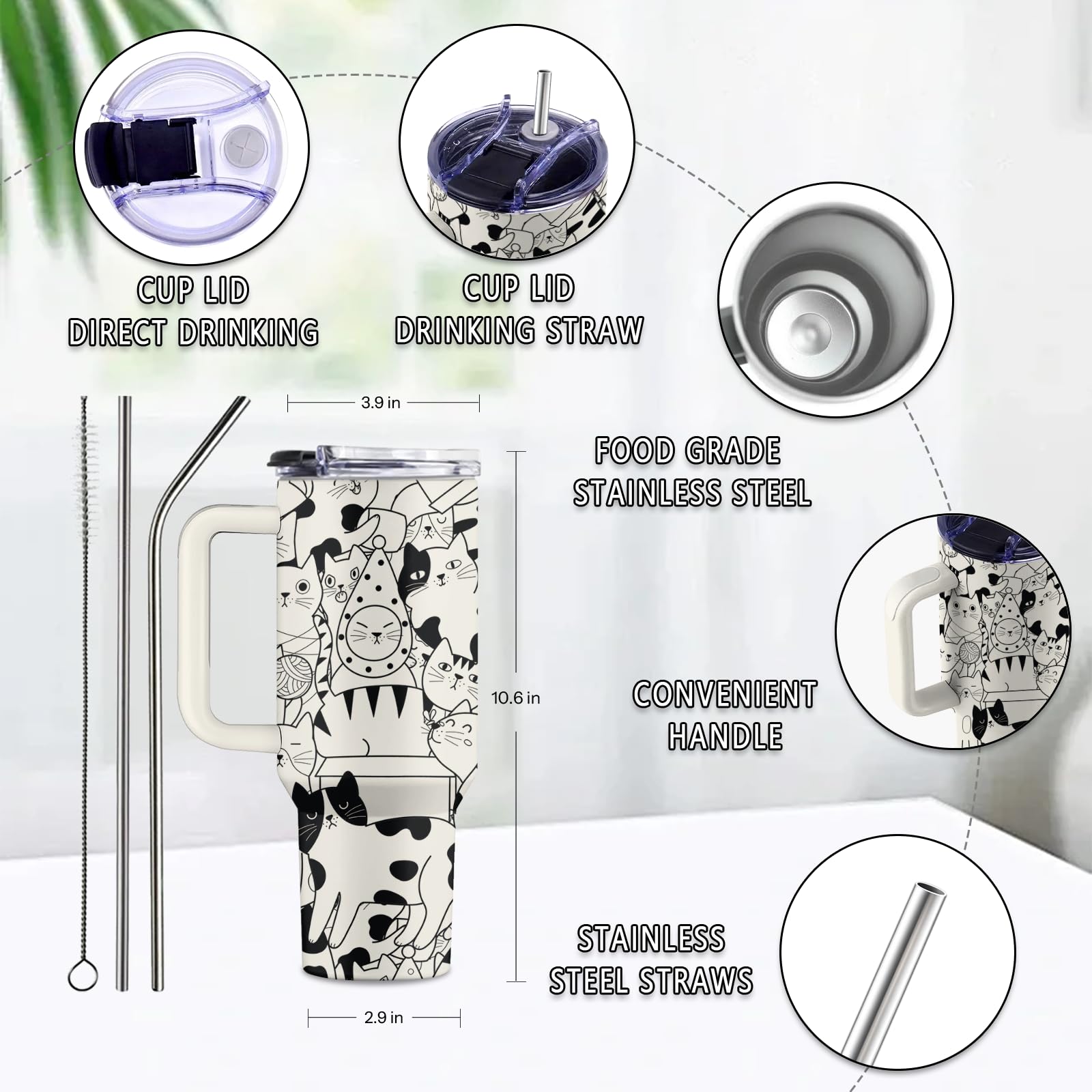 Regalos de gatos para los amantes de los gatos, vaso de gato de 40 onzas con asa y popote, regalos para amantes de los gatos, regalos de cumpleaños para el día de San Valentín para los amantes
