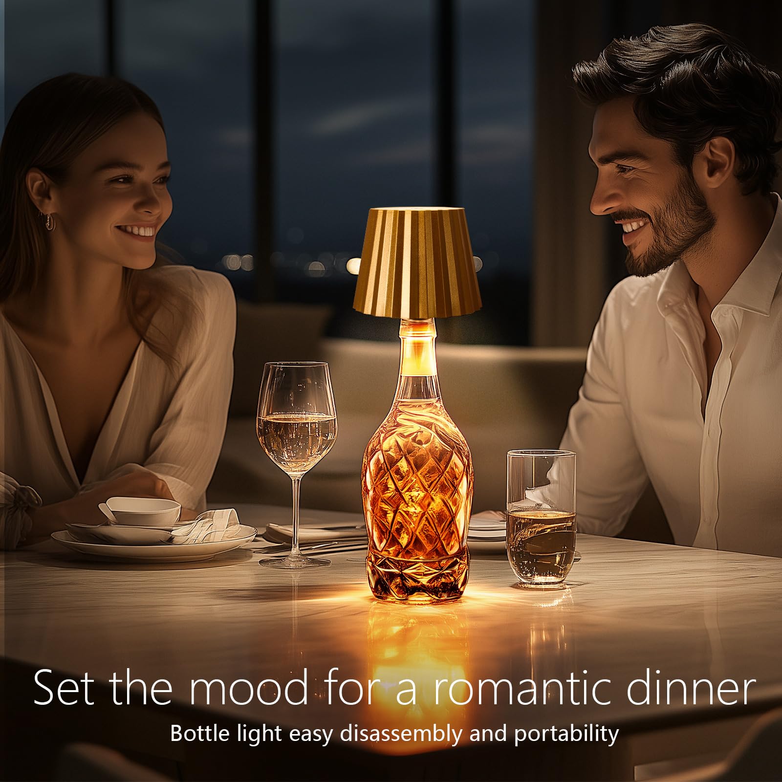 Beaeet Wireless Bottle Lamp Shade,Ricaricabile LED Portatile Cordless Tavolo Lamp, 3 Colori Stepless Dimming Touch Wine Bottle Lights for Outdoor Bar Dining Bedroom(Gold)