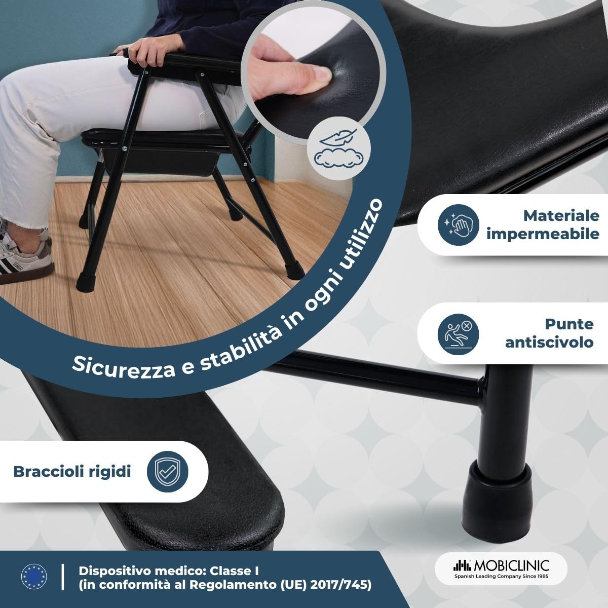 Mobiclinic®, Sedia con WC, Pieghevole, Guadalquivir, Comoda per Anziani, Marcatura CE, Braccioli, Seduta Ergonomica, Secchio Rimovibile, Piedini Antiscivolo, Nero